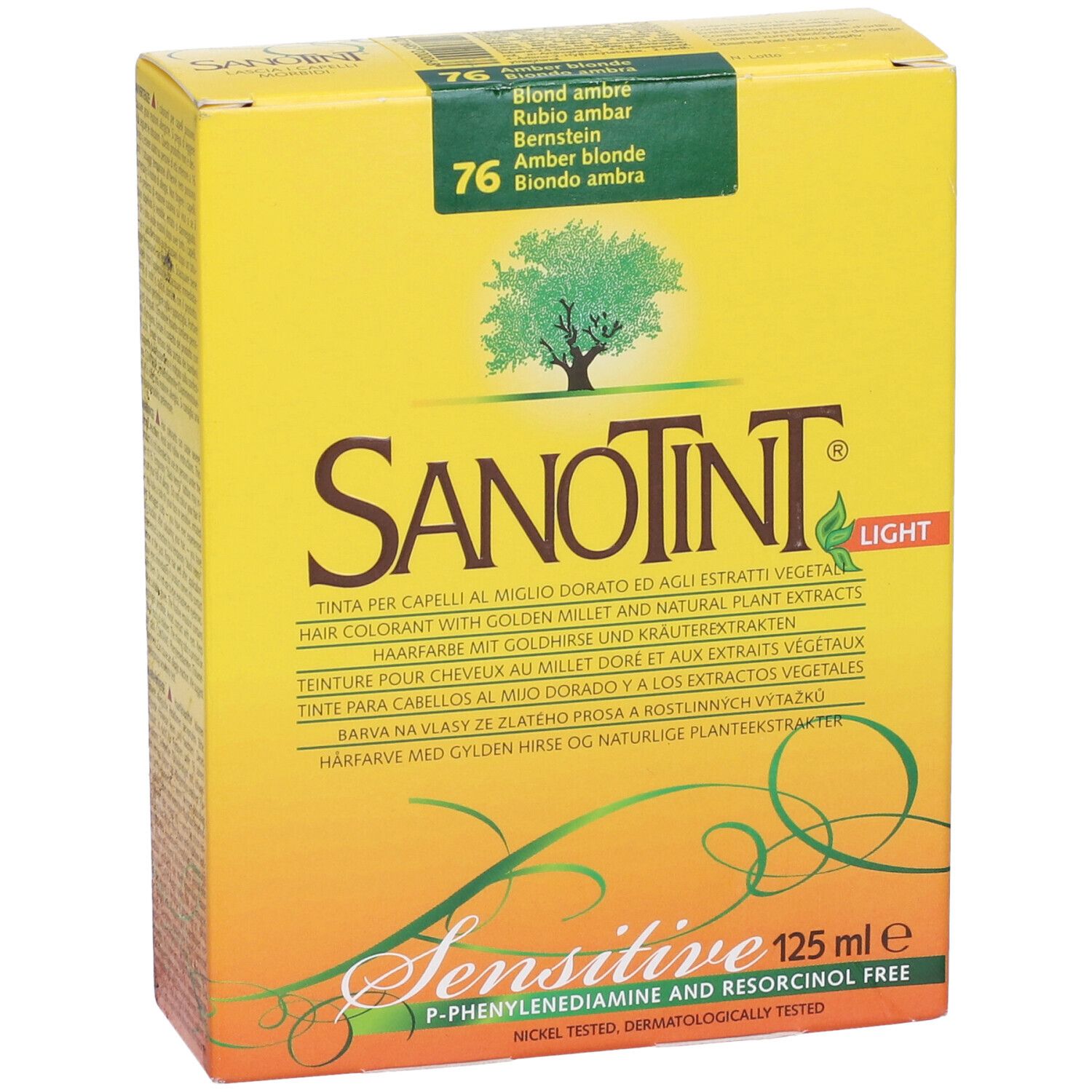 Scatola gialla con logo Sanotint, tonalità 76. Testo: Tinta per capelli con miglio dorato ed estratti vegetali. 125 ml.