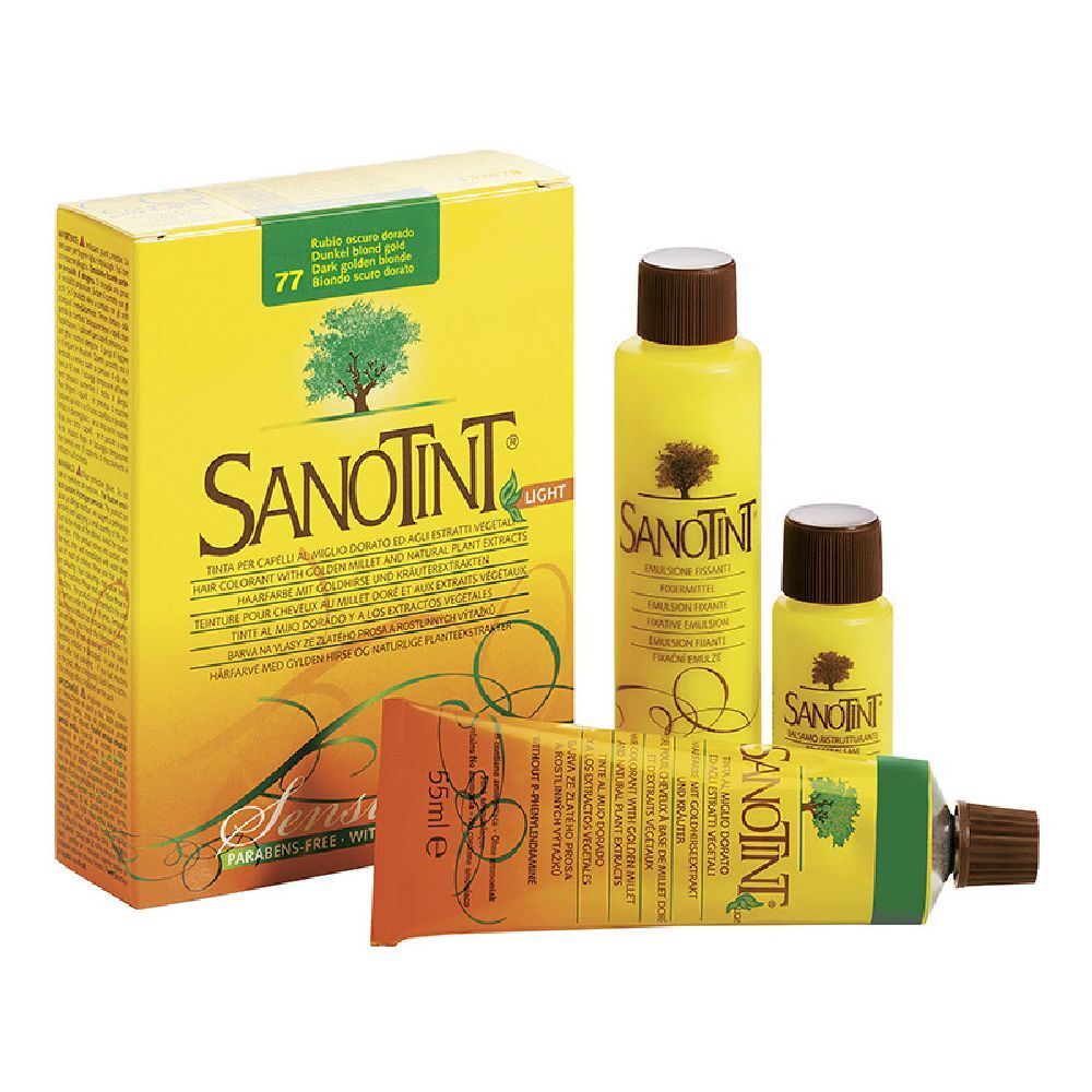 Confezione Sanotint Light con flaconi e tubo. Imballaggio giallo con nome e logo del prodotto.