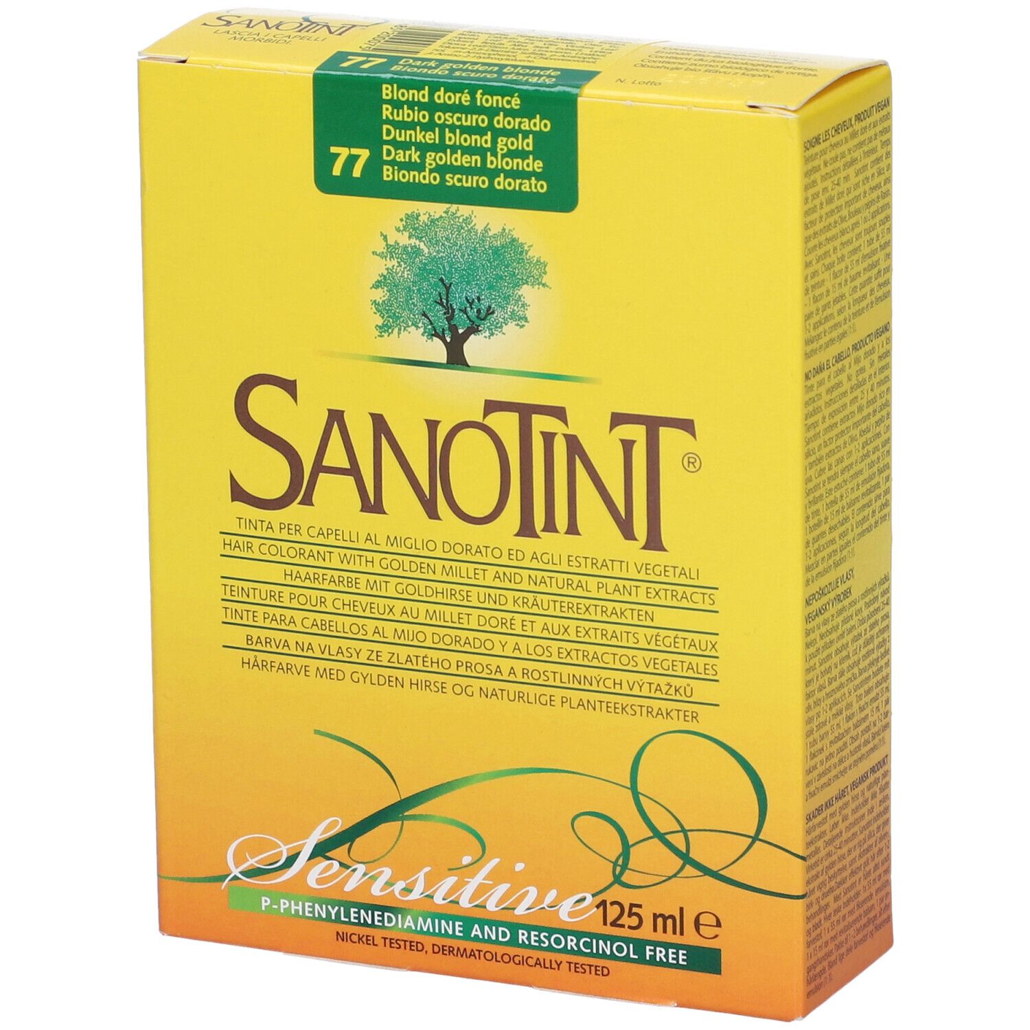 Scatola gialla Sanotint Light. Nome, logo e testo del prodotto. Etichetta verde-bianca in alto a sinistra.