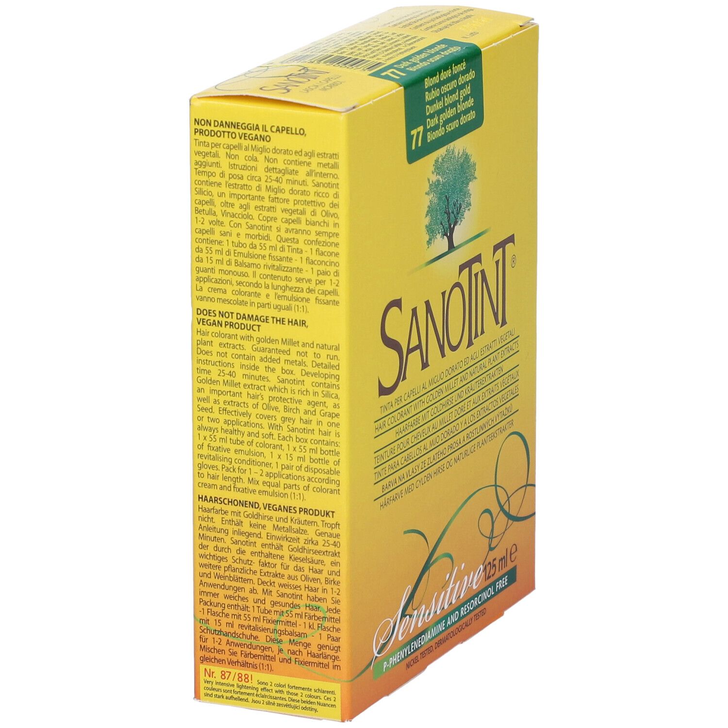 Scatola gialla Sanotint Light. Nome, logo e testo del prodotto. Etichetta verde-bianca in alto a sinistra.