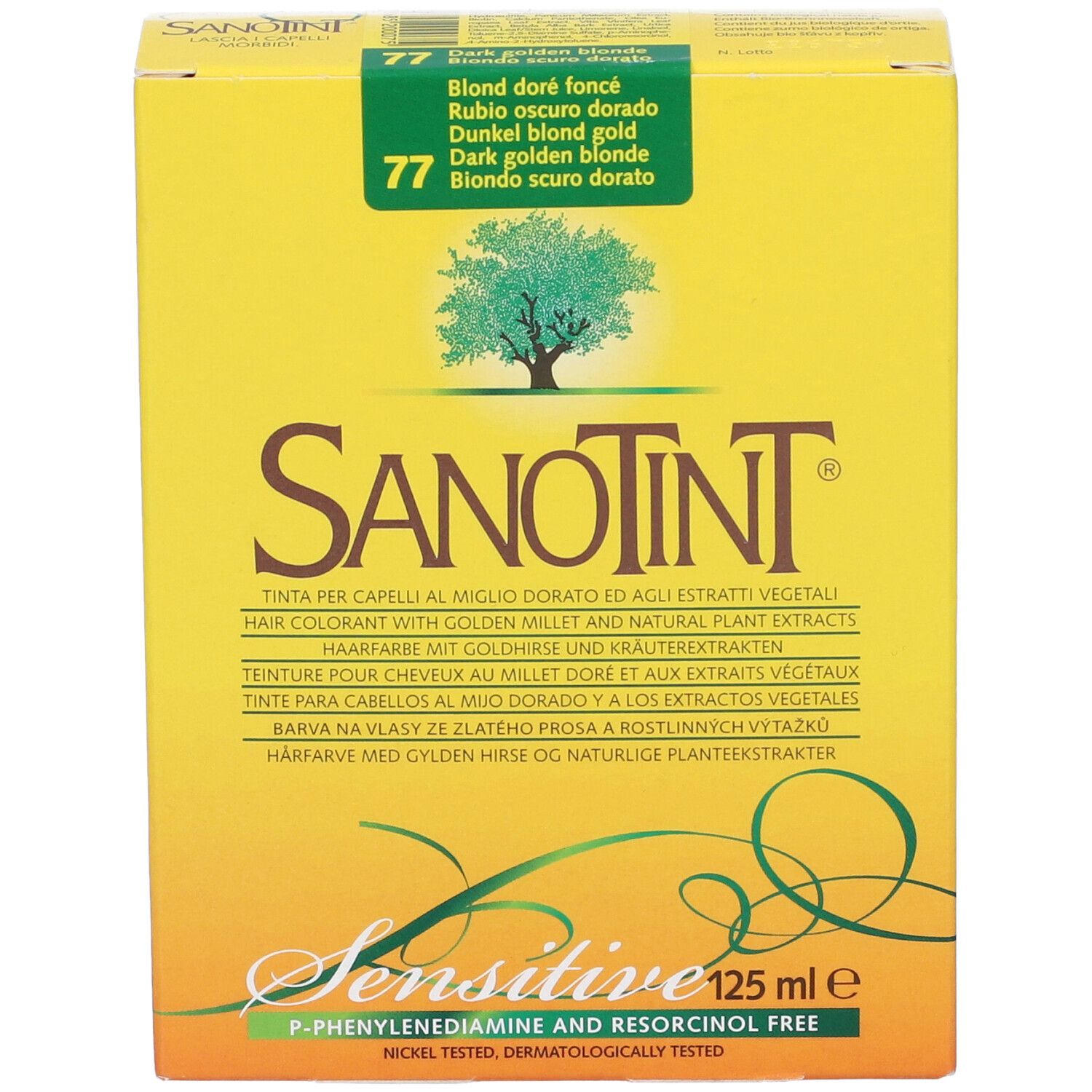 Scatola gialla Sanotint Light. Nome, logo e testo del prodotto. Etichetta verde-bianca in alto a sinistra.