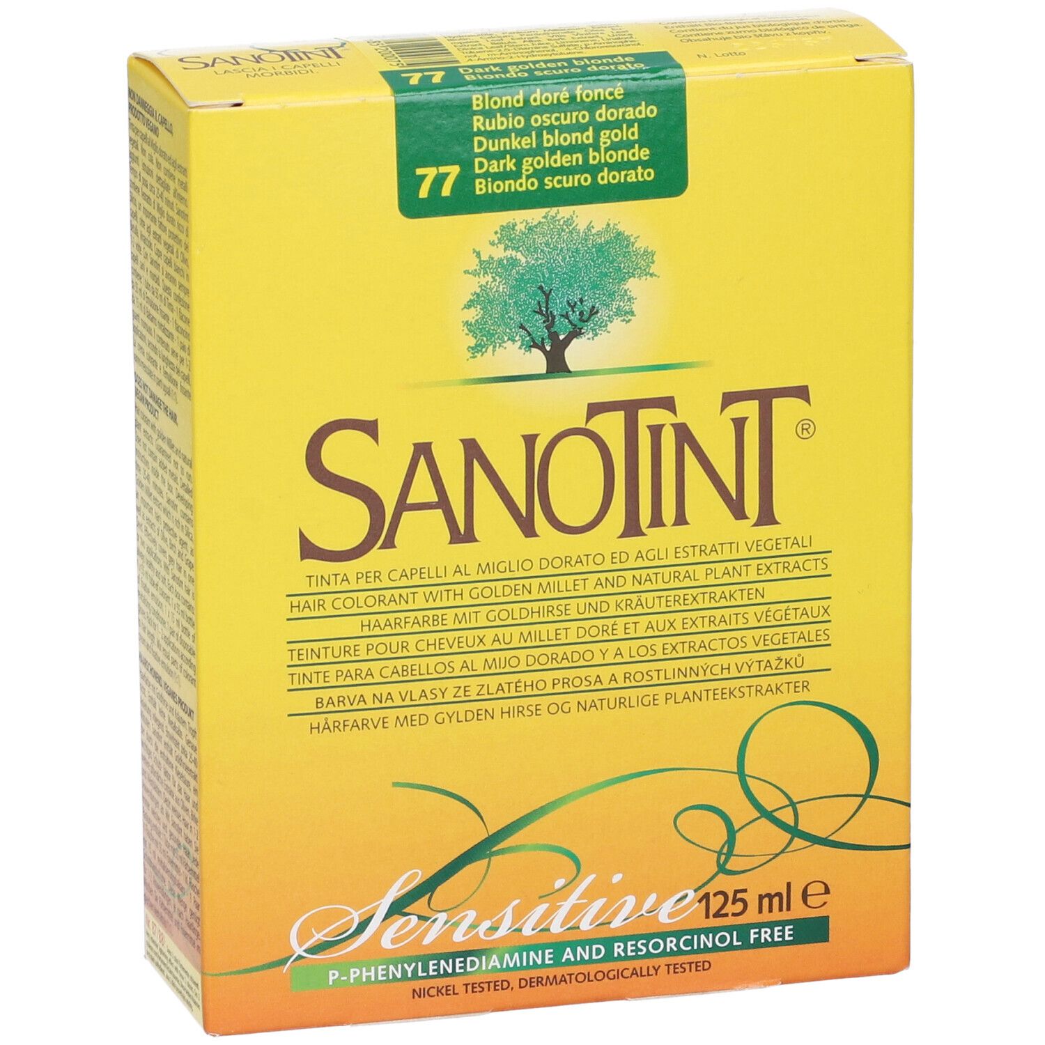 Scatola gialla Sanotint Light. Nome, logo e testo del prodotto. Etichetta verde-bianca in alto a sinistra.