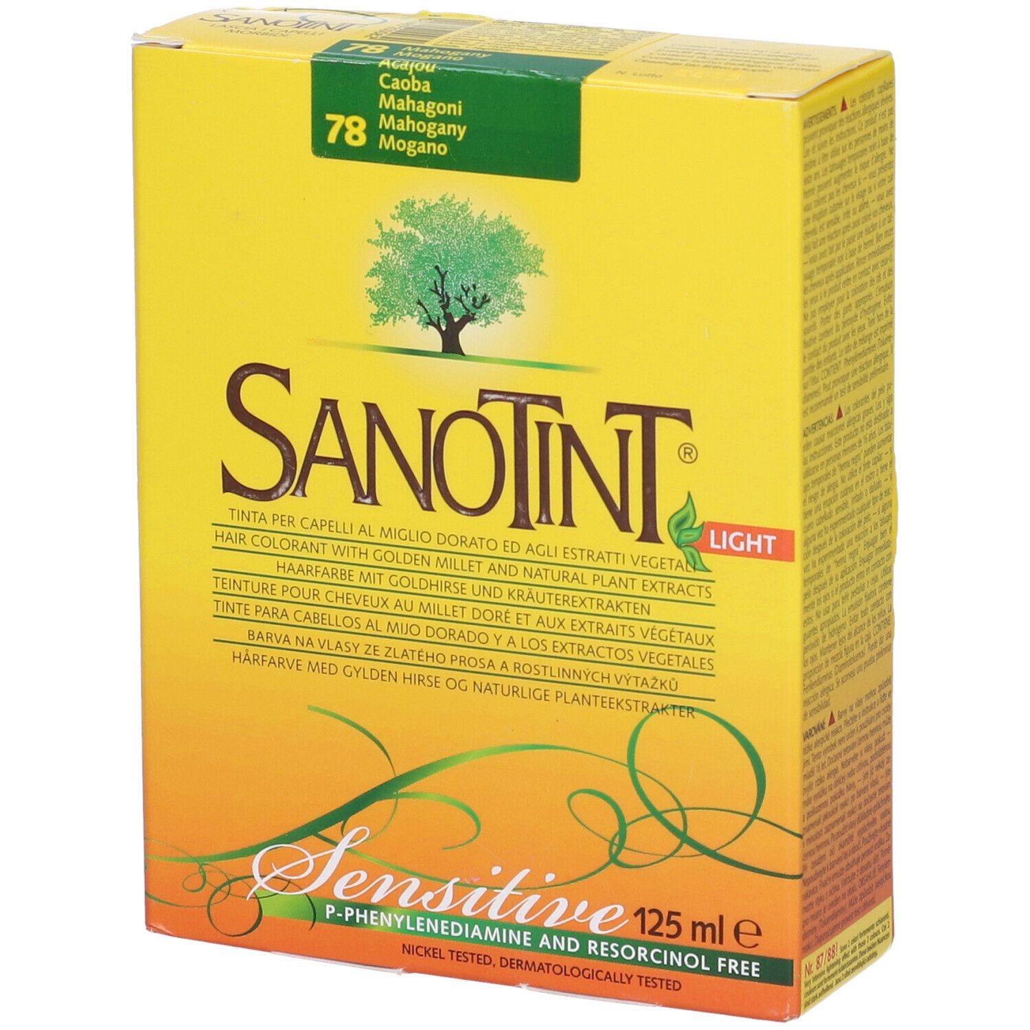 Scatola gialla con logo Sanotint e informazioni sul prodotto. Contiene testo in più lingue.