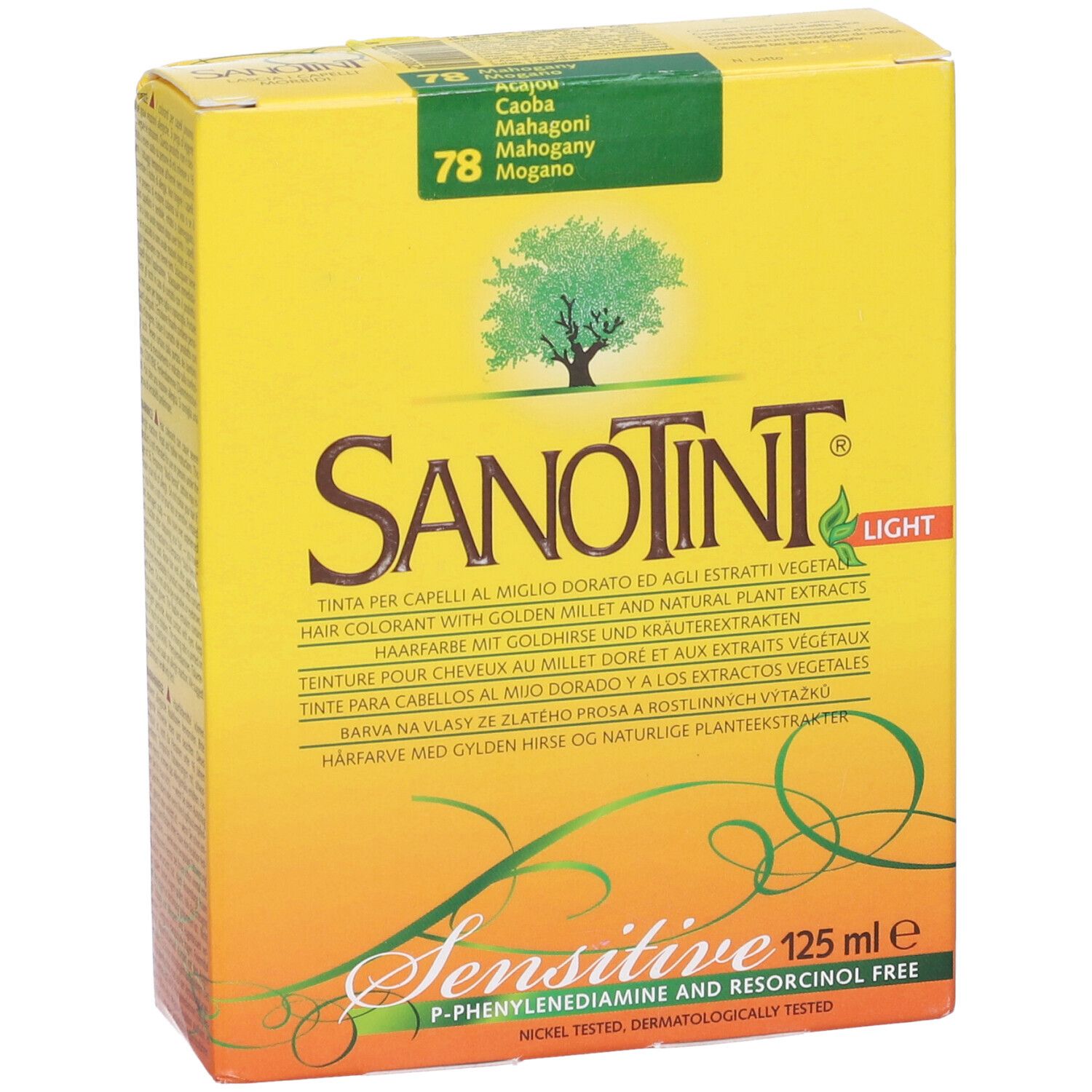 Scatola gialla con logo Sanotint e informazioni sul prodotto. Contiene testo in più lingue.