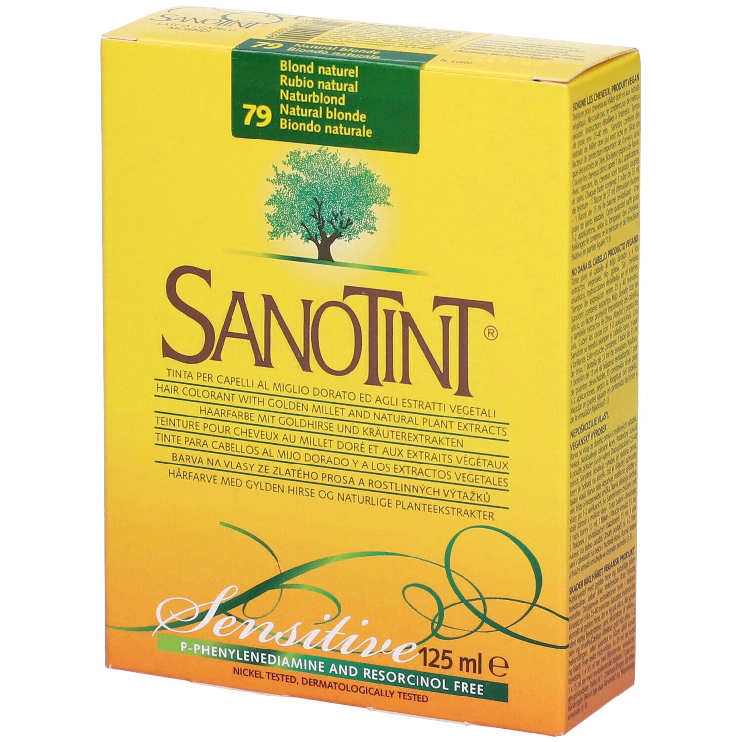 Scatola gialla con scritta: Sanotint, 79, Blond naturel. Contiene 125 ml. Sensitive.