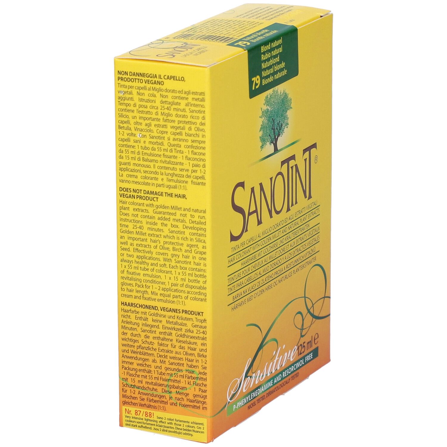 Scatola gialla con scritta: Sanotint, 79, Blond naturel. Contiene 125 ml. Sensitive.