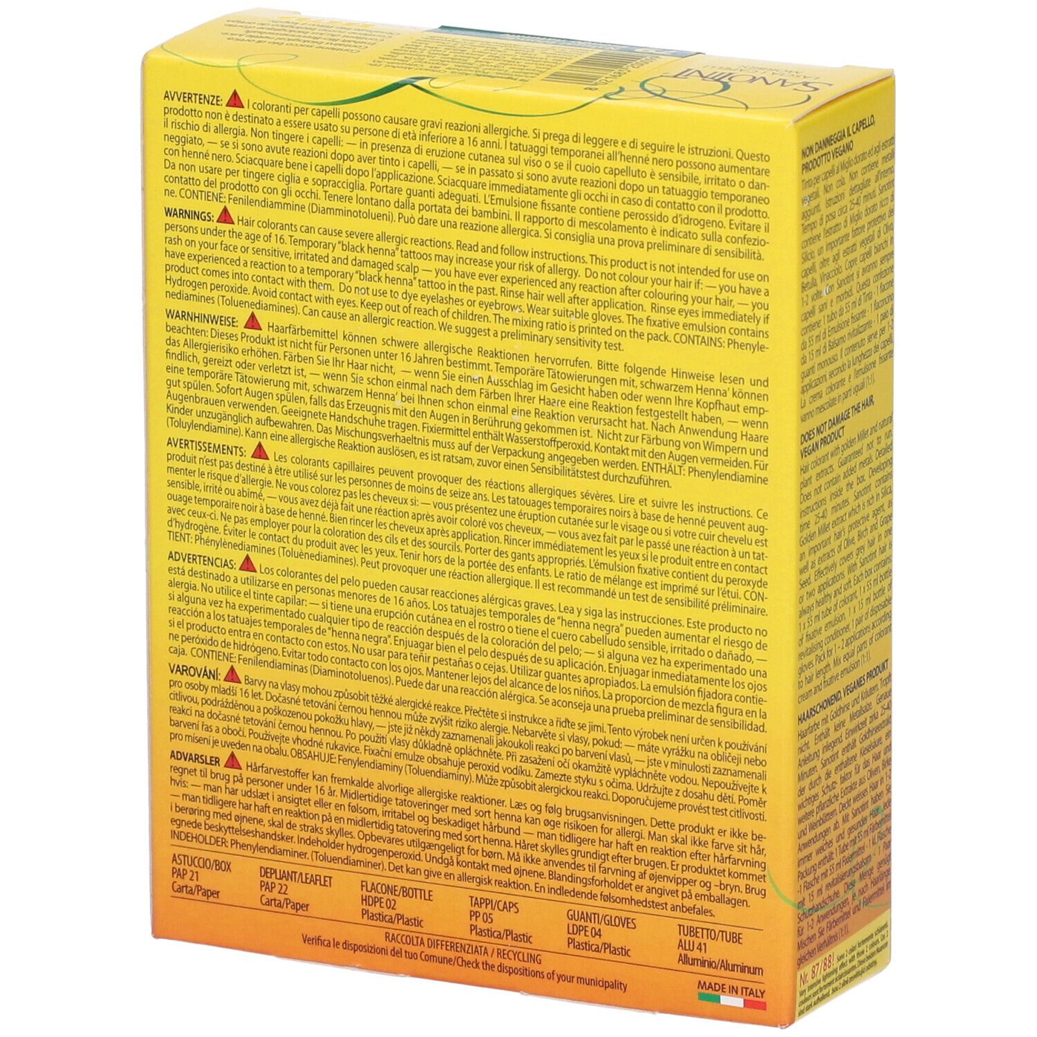 Retro di una scatola gialla. Scritto: Sanotint, 79, Blond naturel. Contiene 125 ml. Sensitive.