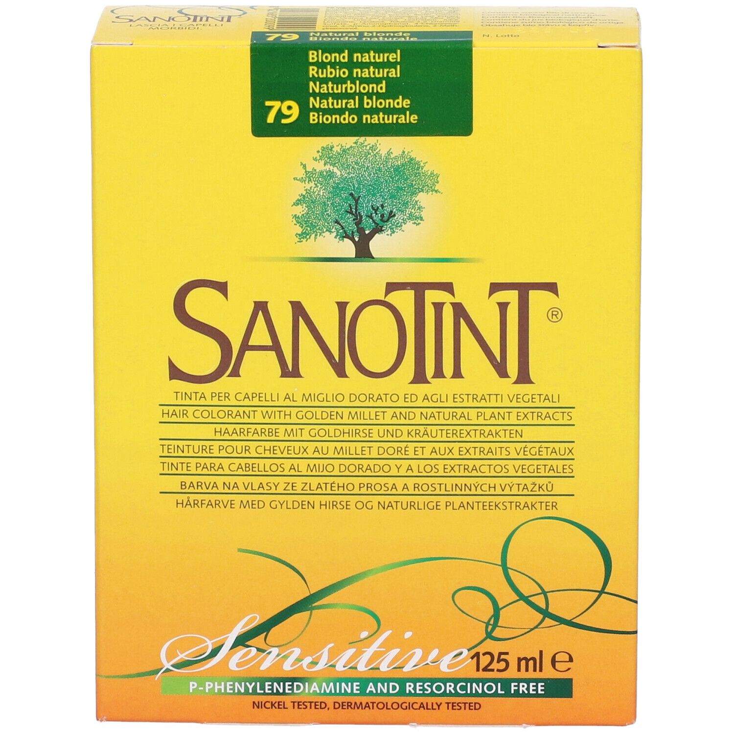 Scatola gialla con scritta: Sanotint, 79, Blond naturel. Contiene 125 ml. Sensitive.