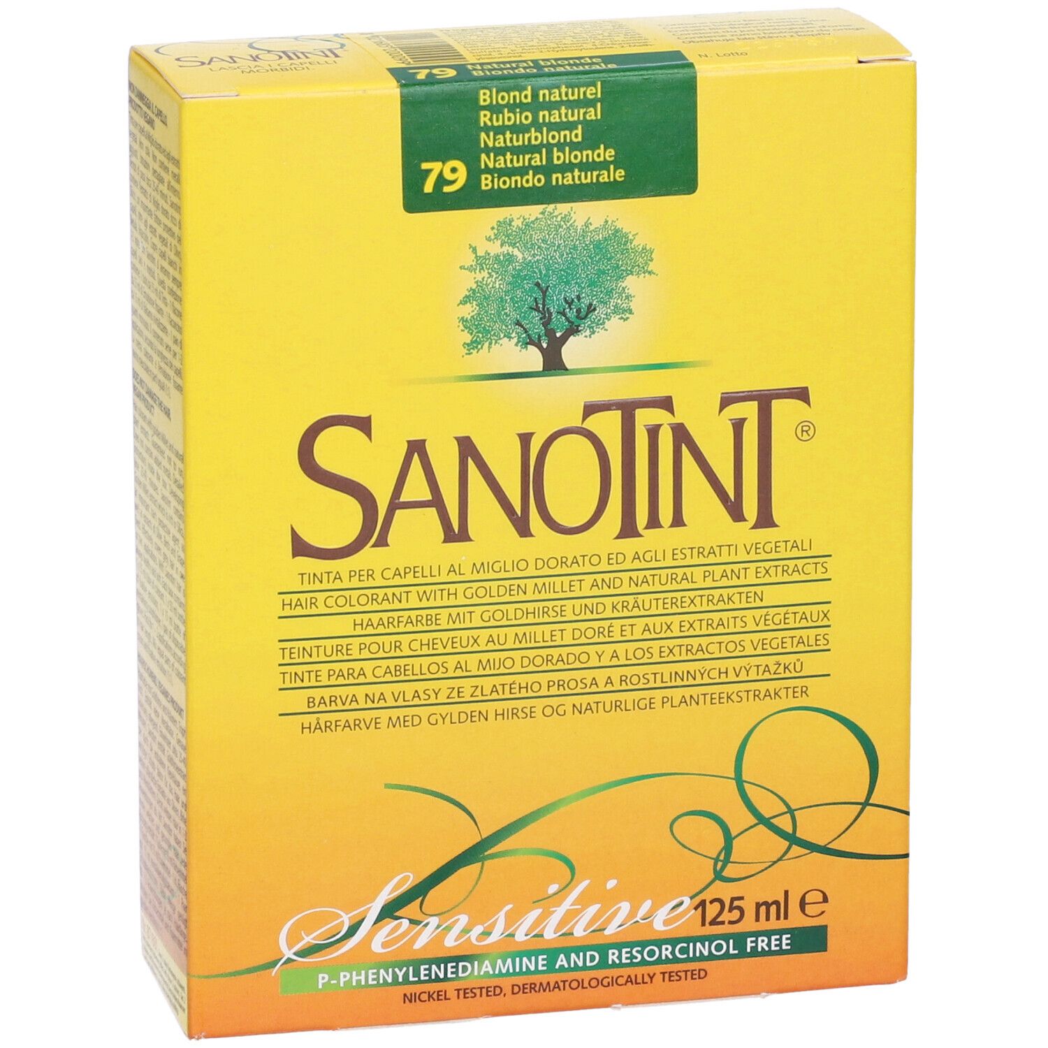 Scatola gialla con scritta: Sanotint, 79, Blond naturel. Contiene 125 ml. Sensitive.