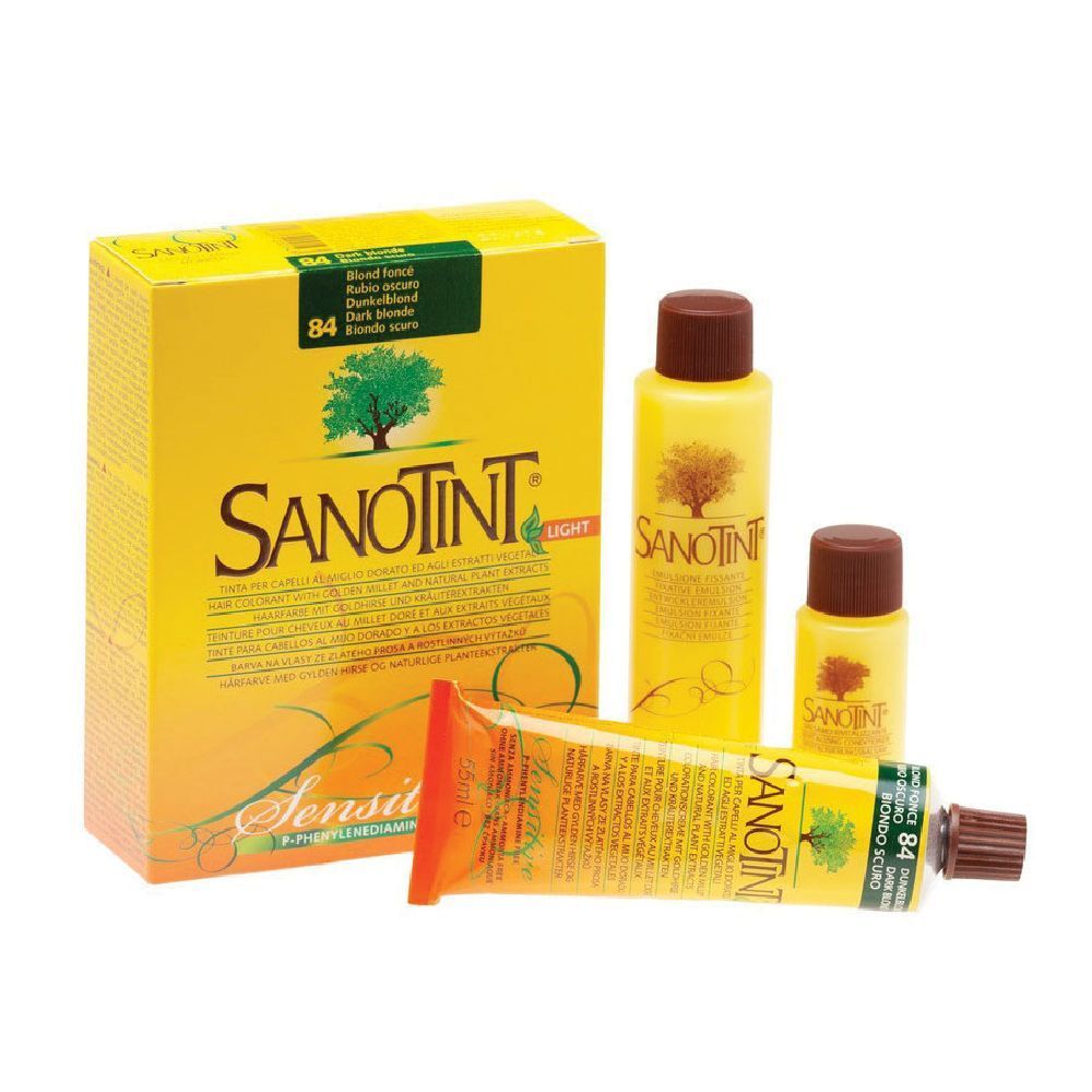 Sanotint Light Tint Biondo Scuro 84. Confezione gialla con flaconi e tubo. Nome del prodotto e logo visibili.