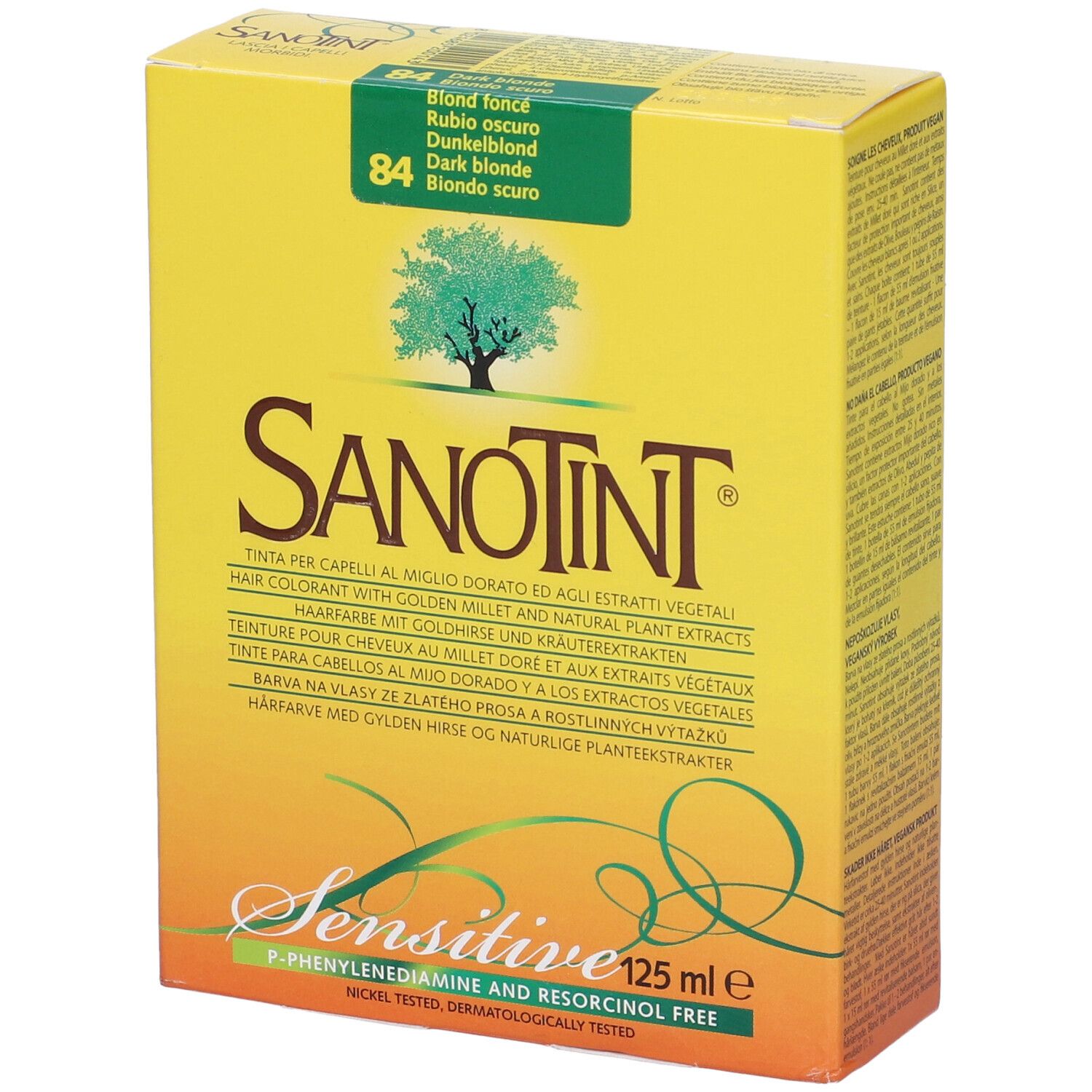 Sanotint Light Tint Biondo Scuro 84. Scatola gialla con informazioni sul prodotto e logo. Testo multilingue.