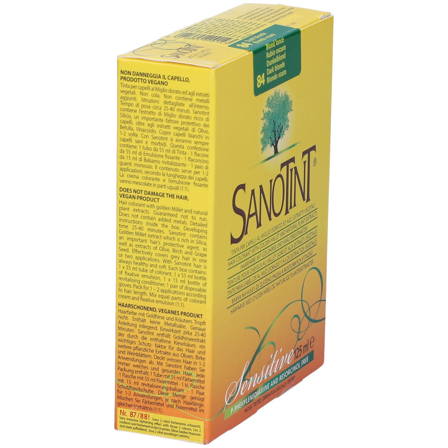Sanotint Light Tint Biondo Scuro 84. Scatola gialla, vista laterale con informazioni e logo.