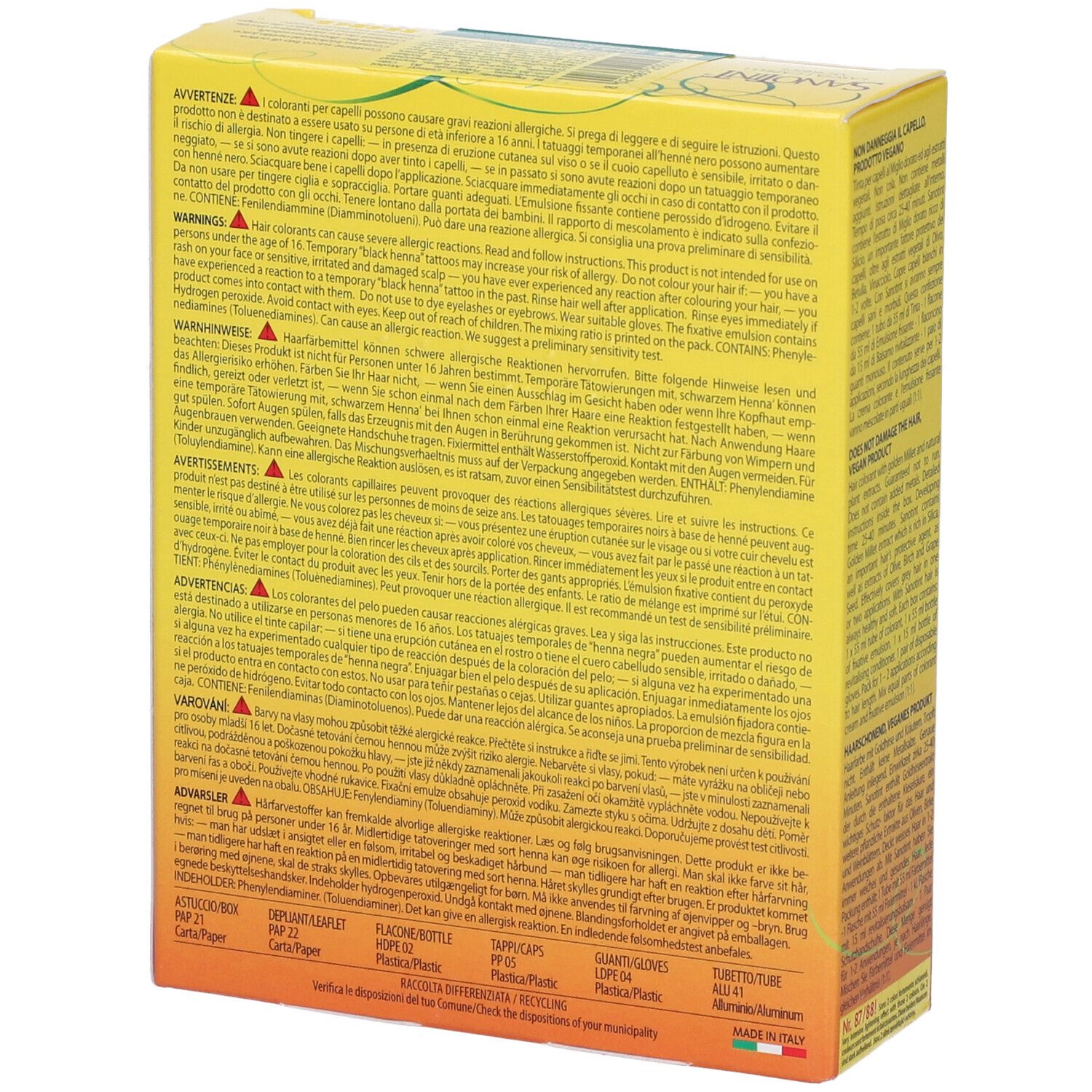 Sanotint Light Tint Biondo Scuro 84. Scatola gialla, retro con avvertenze e ingredienti.