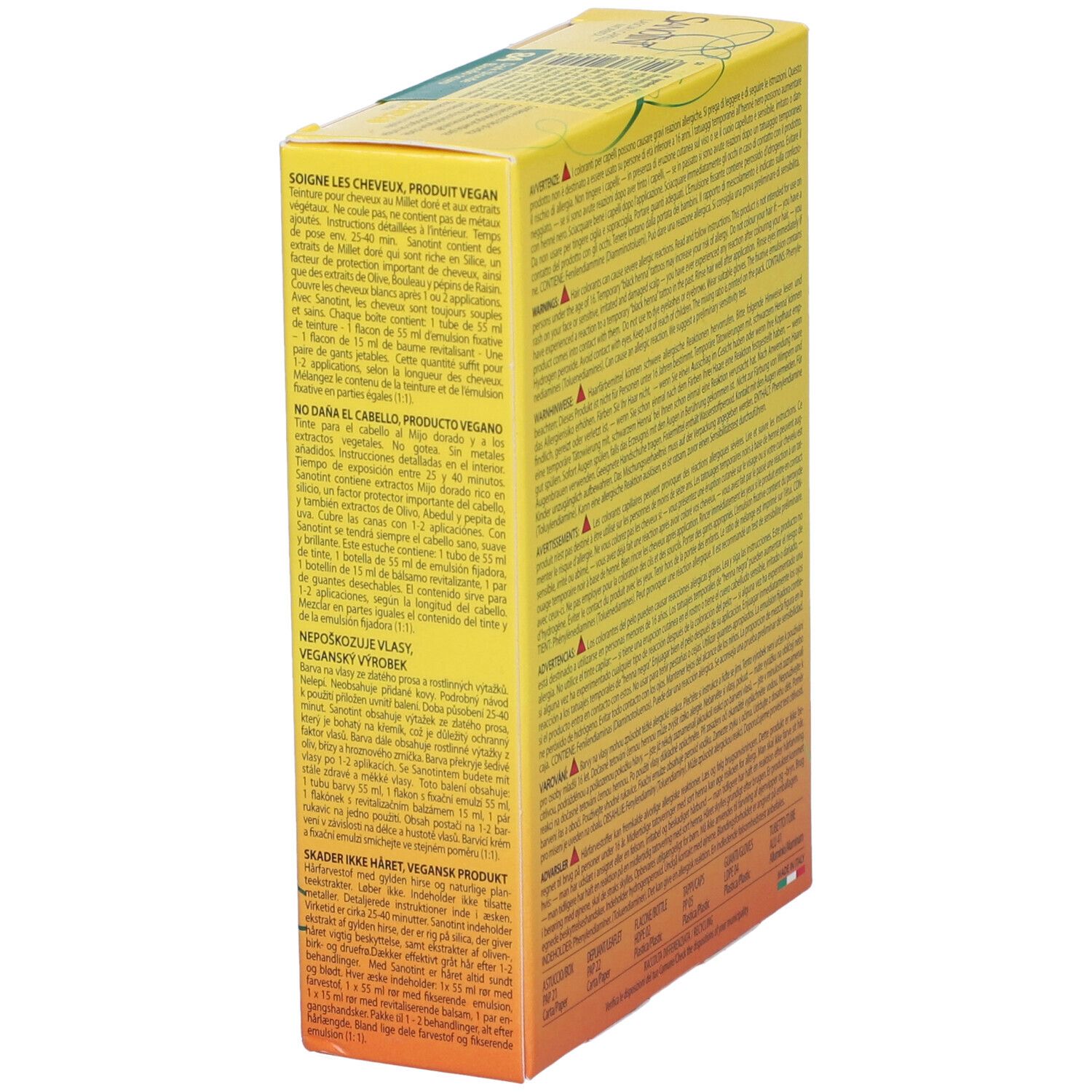 Sanotint Light Tint Biondo Scuro 84. Scatola gialla, vista laterale con informazioni e logo.