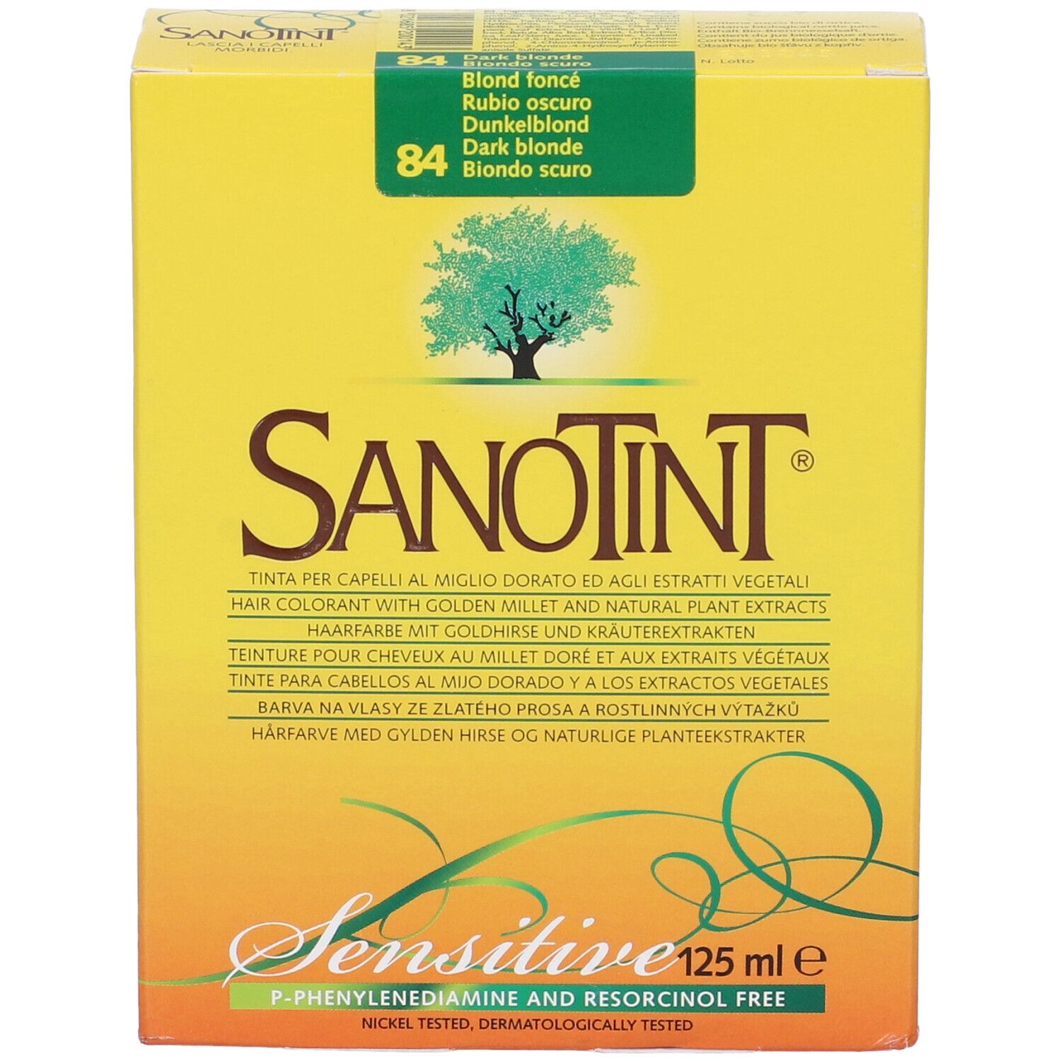 Sanotint Light Tint Biondo Scuro 84. Scatola gialla con informazioni sul prodotto e logo. Testo multilingue.
