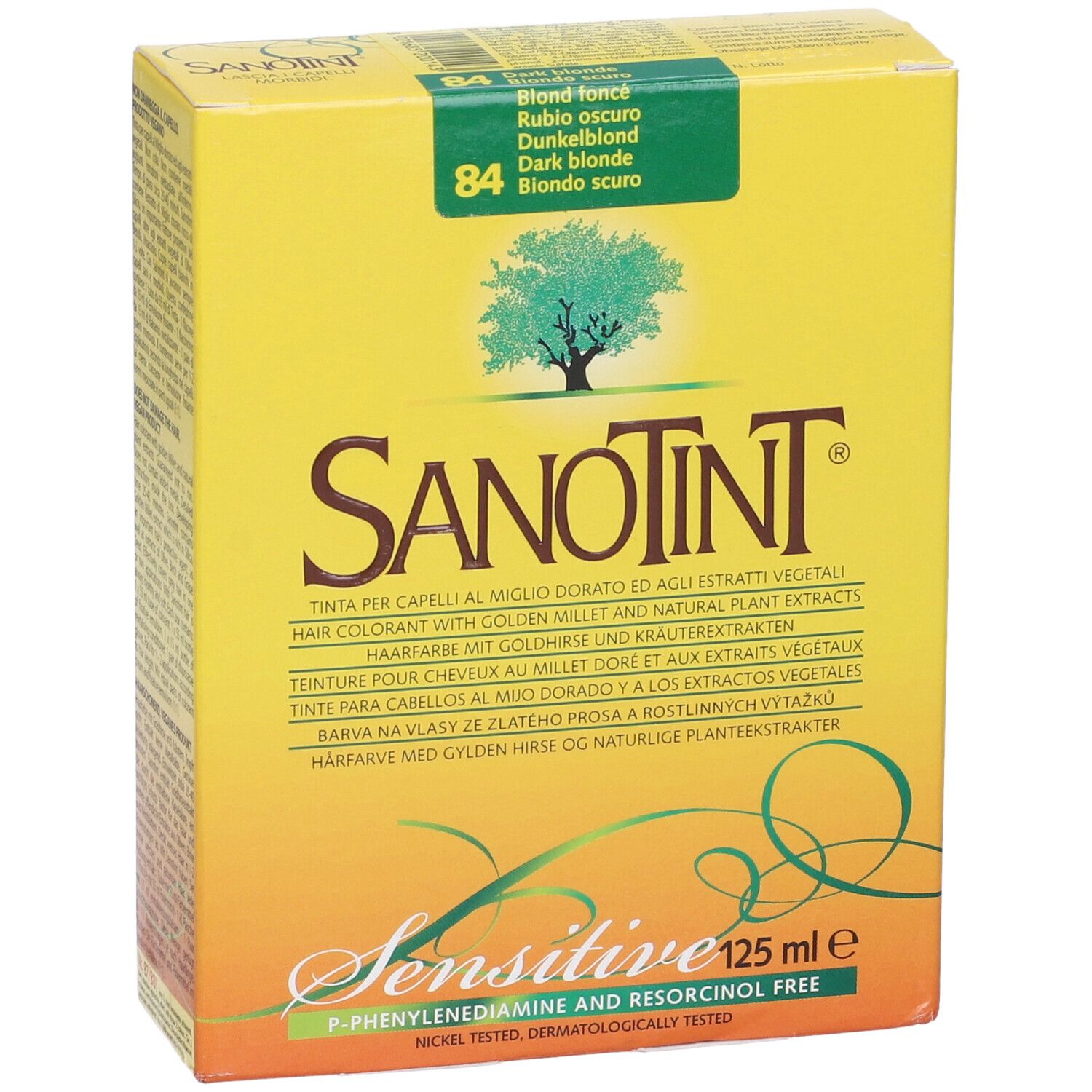Sanotint Light Tint Biondo Scuro 84. Scatola gialla con informazioni sul prodotto e logo. Testo multilingue.