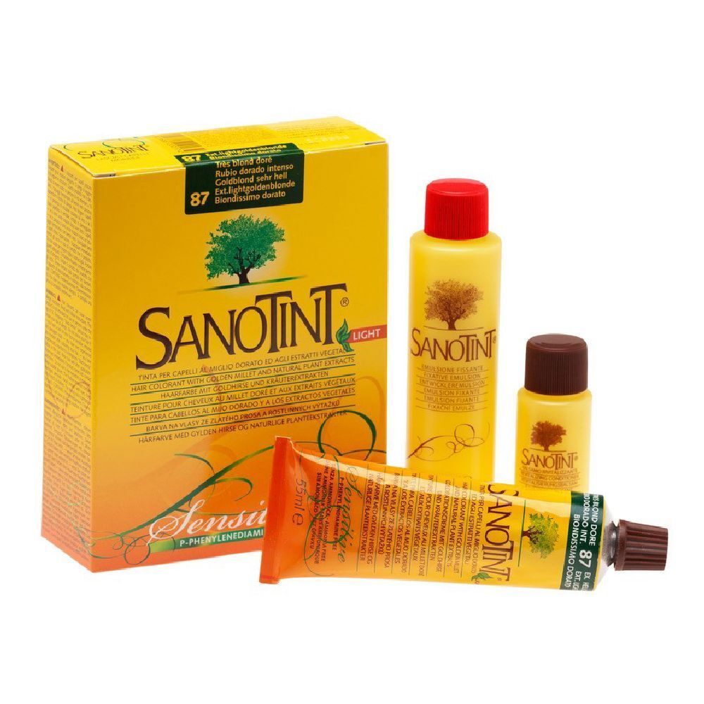 Sanotint Light, tinta per capelli. Include flaconi e tubetto. Confezione gialla con nome prodotto e logo albero.