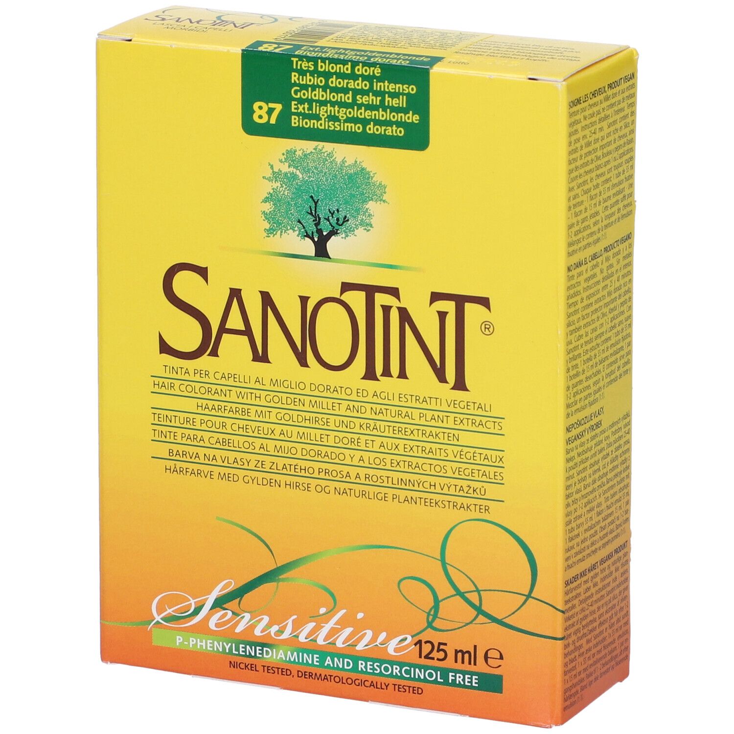 Sanotint Light, tinta per capelli. Scatola gialla con nome, logo albero e testo. '125 ml e' visibile.