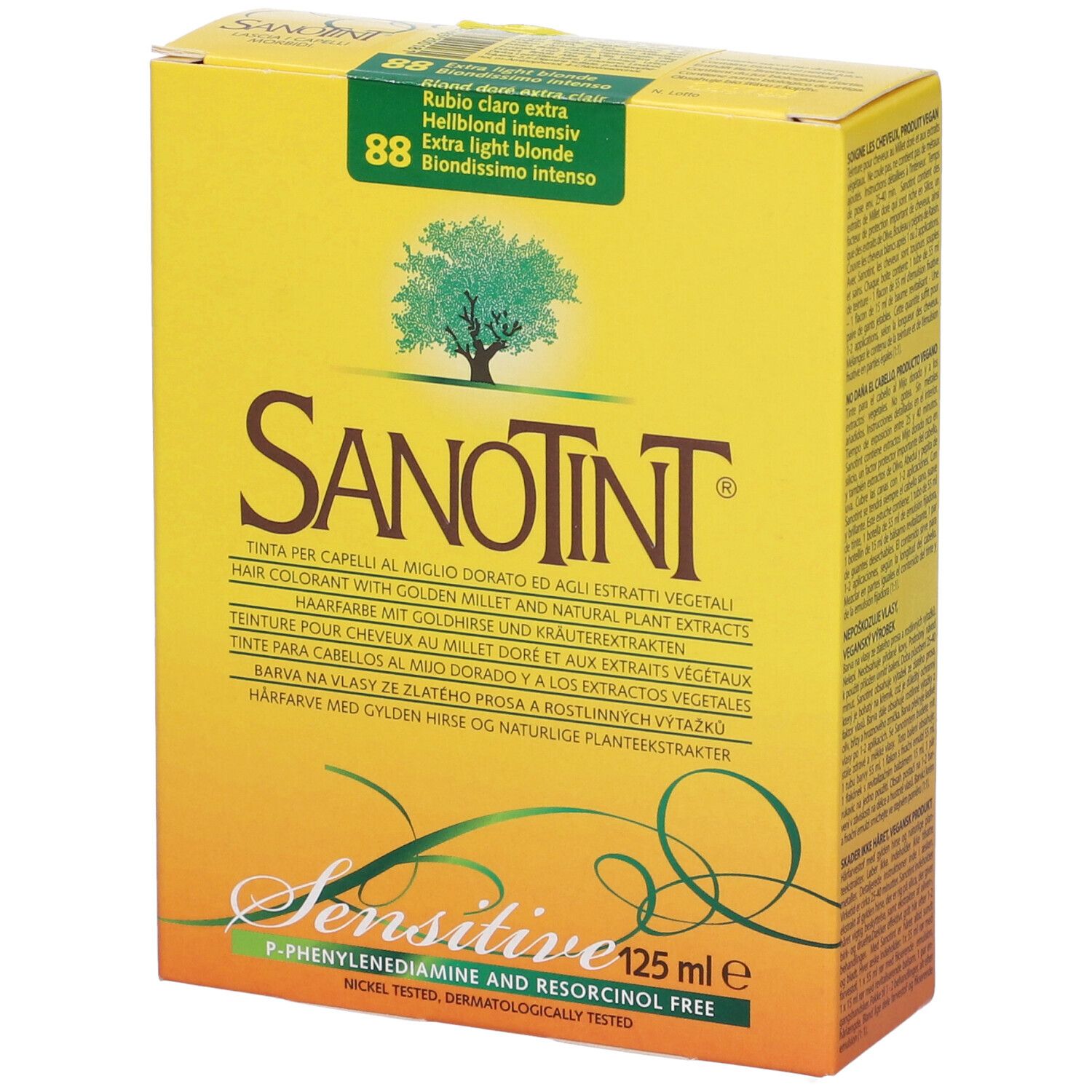Scatola gialla Sanotint Light, scritta '88 Biondissimo Intenso'. Contiene tintura per capelli. Con logo e nome del prodotto.