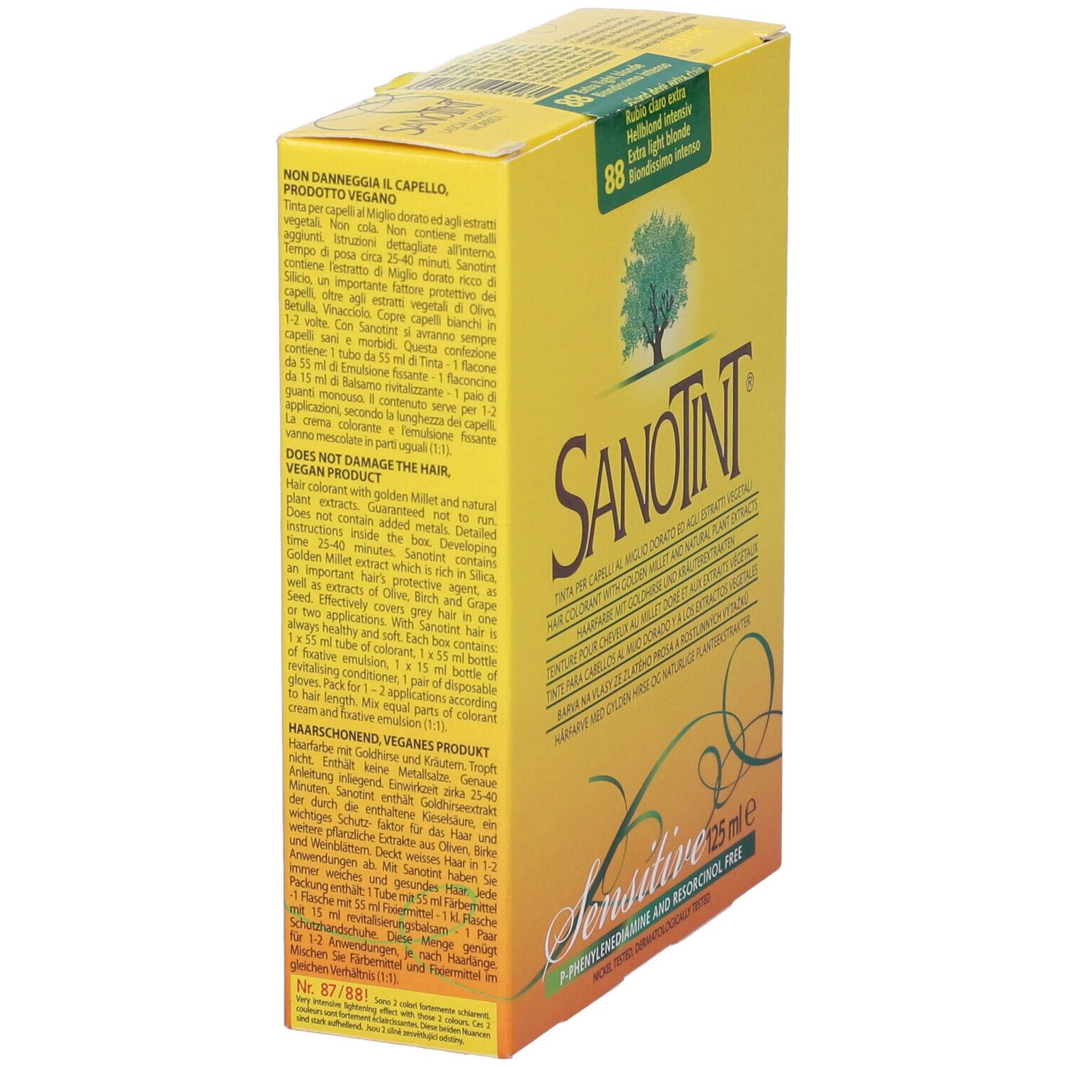Scatola gialla Sanotint Light, vista laterale. Testo in più lingue. Contiene tintura per capelli. Con logo e nome.