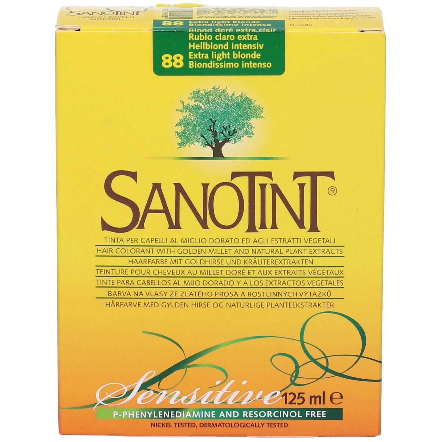 Scatola gialla Sanotint Light, fronte. Nome del prodotto, logo e testo. Contiene tintura per capelli. '125 ml'.