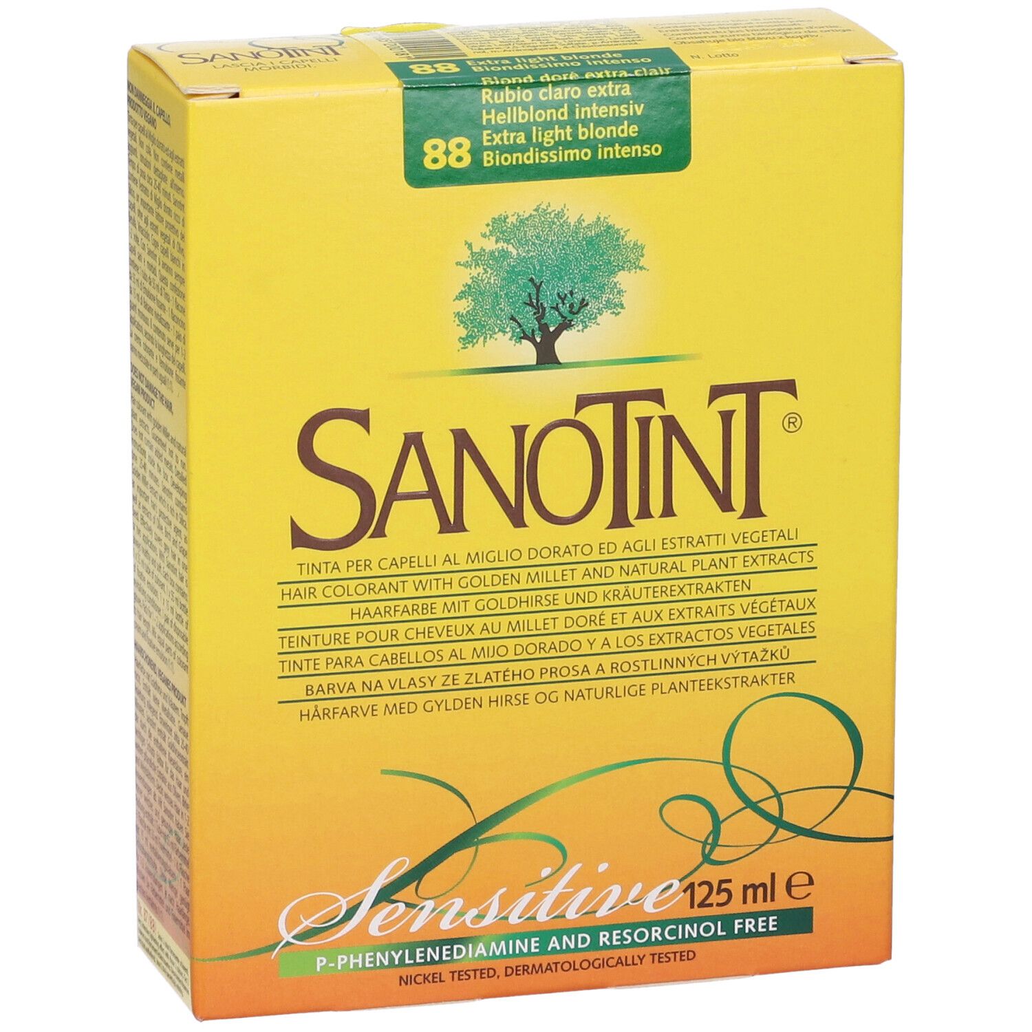 Scatola gialla Sanotint Light, fronte. Nome del prodotto, logo e testo. Contiene tintura per capelli. '125 ml'.