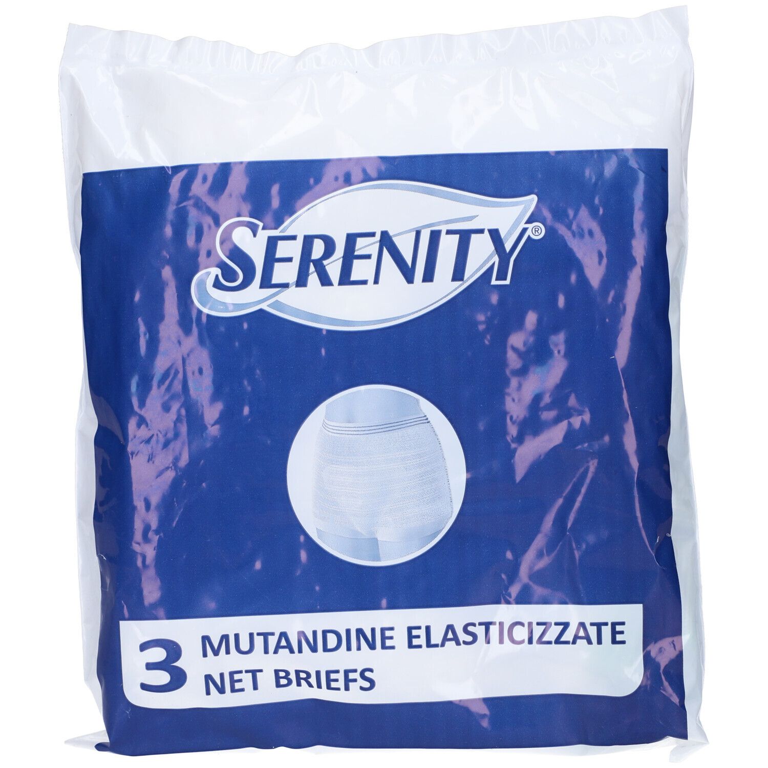 Confezione di mutandine a rete bianche e blu. Scritta: Serenity, 3 mutandine a rete.