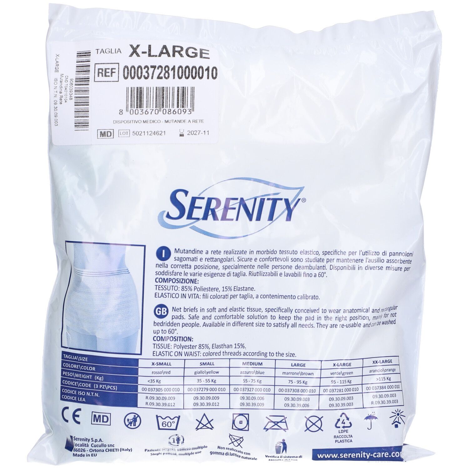Retro della confezione con informazioni sul prodotto. Scritta: Serenity, X-Large, dispositivo medico.