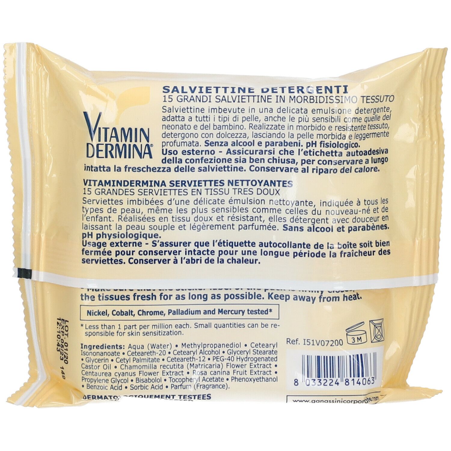 Retro della confezione di salviettine. Scritta: Vitamin Dermina, 15 salviettine, ingredienti.