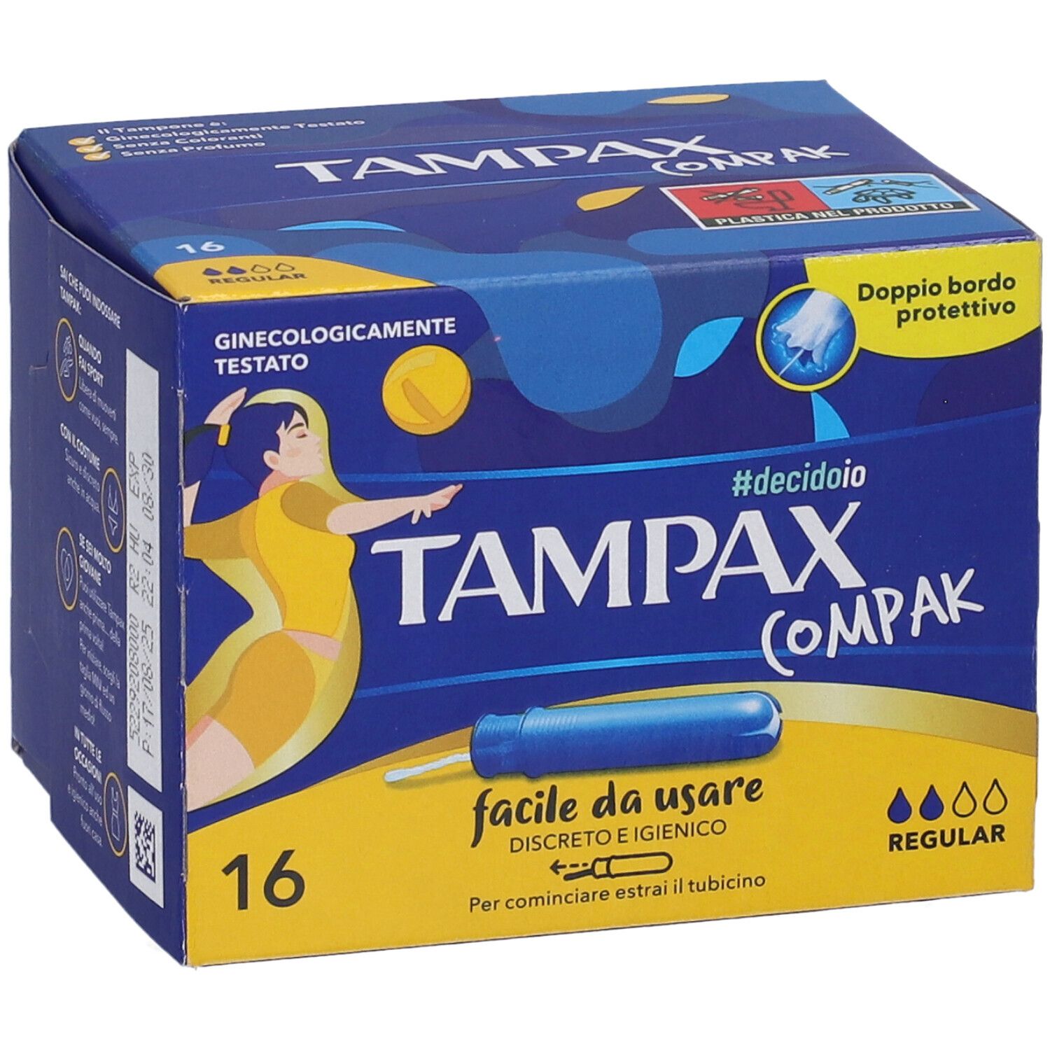 Blau-gelbe Verpackung mit Tampons. Text: Tampax Compak, 16 Stück, Regular. Illustration einer Frau.