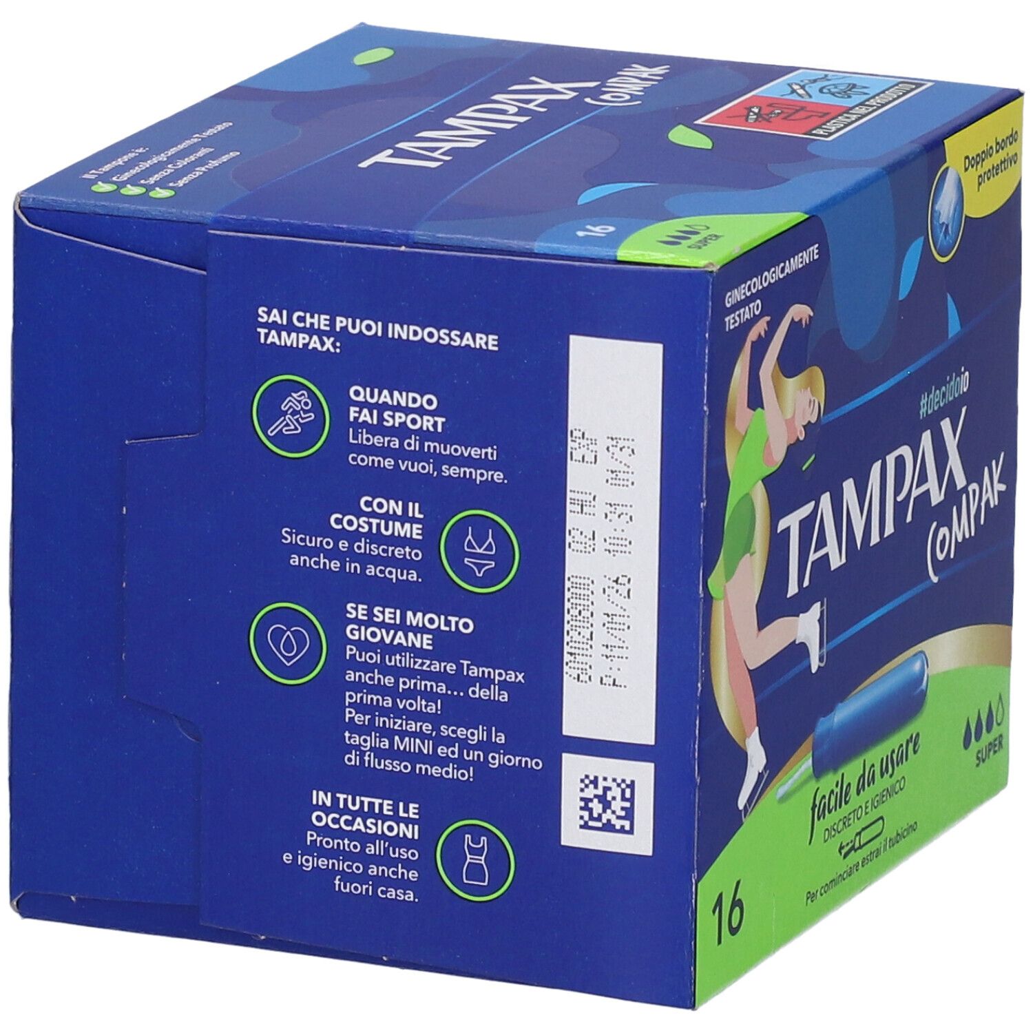 Tampax Compak-Verpackung, blaue Schachtel. Text: #decidoio, 16 Stück, Illustration einer Frau. Informationen zur Verwendung und Inhaltsstoffe.