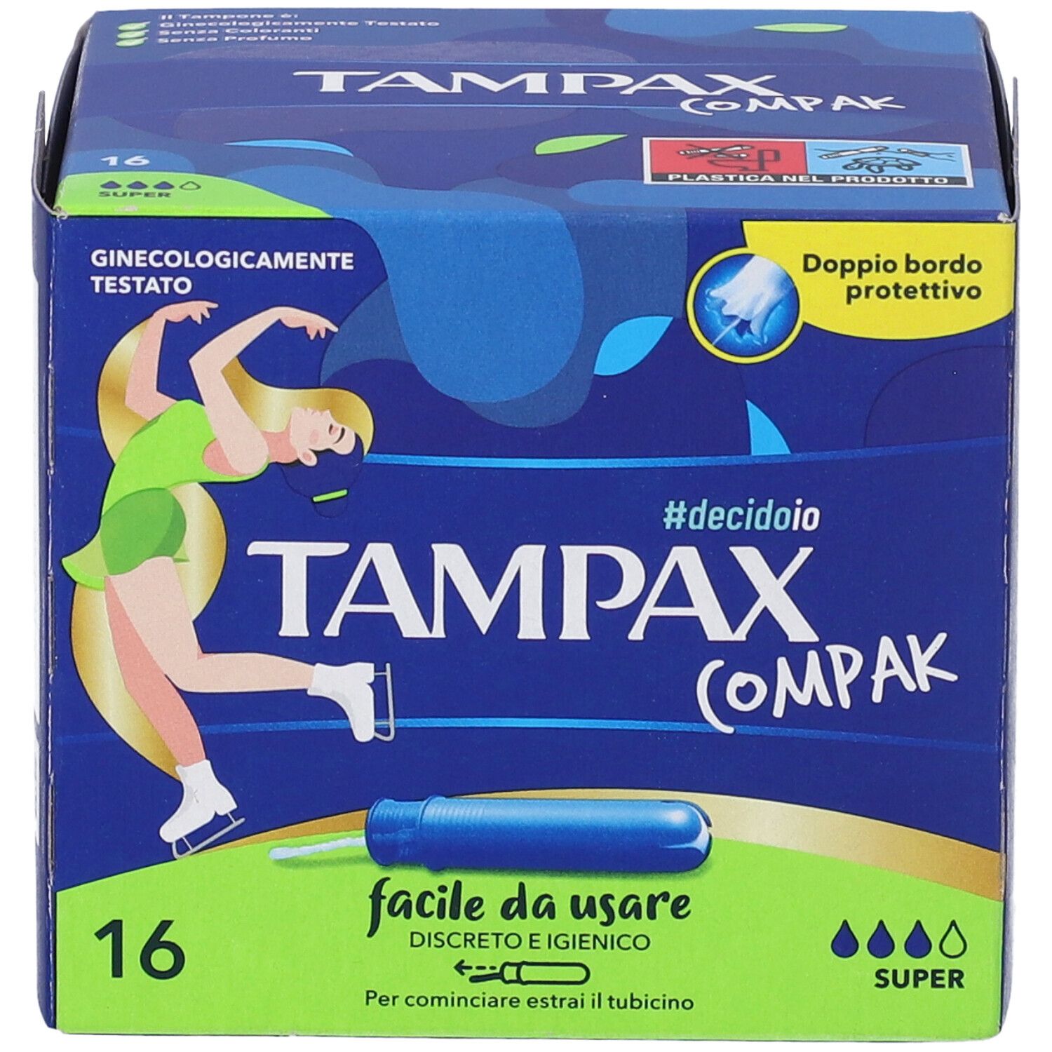 Tampax Compak Super, 16 Stück. Blaue Verpackung mit blauem Applikator. Text: facile da usare, #decidoio, nuovo applicatore blu.