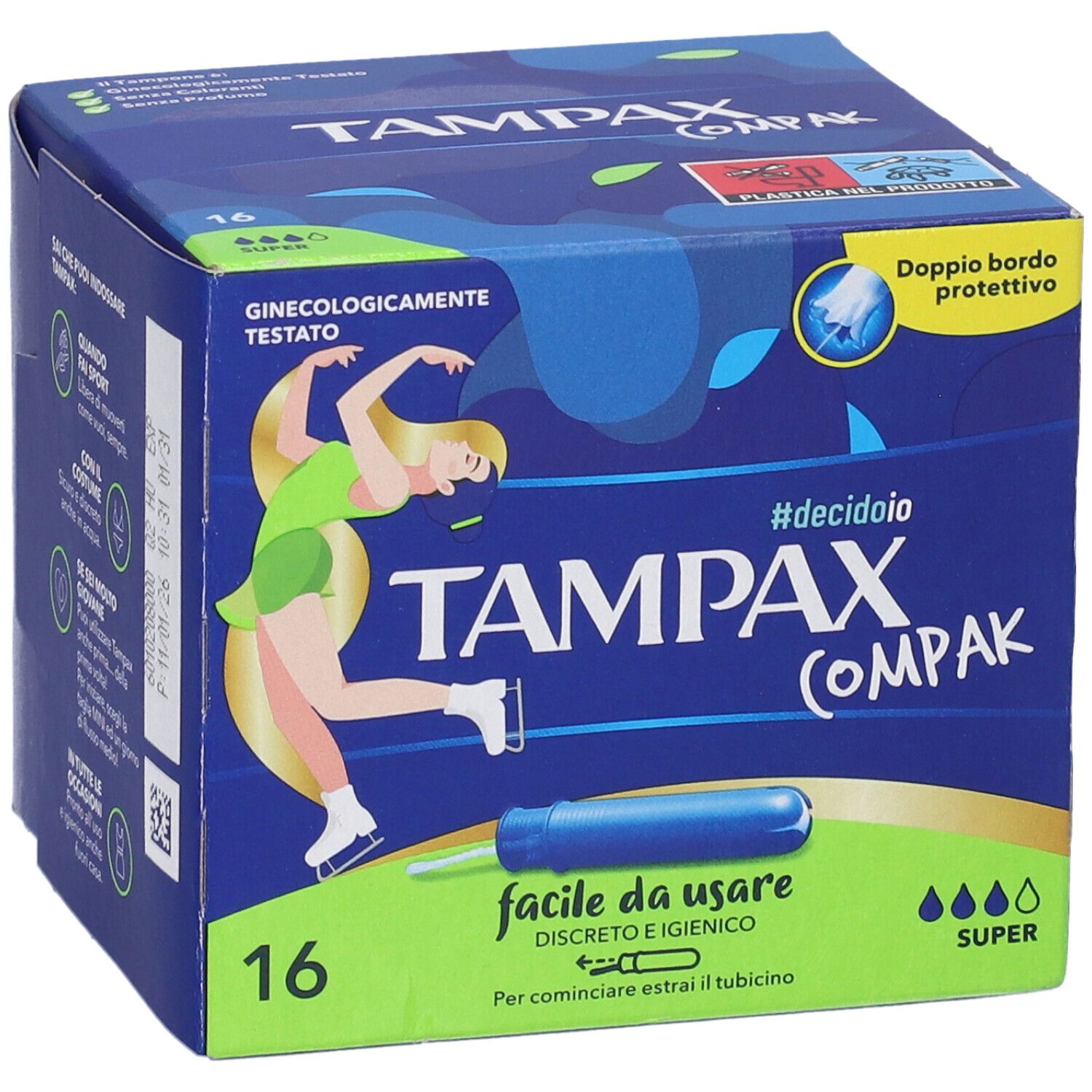 Tampax Compak Super, 16 Stück. Blaue Verpackung mit Illustration einer Frau. Text: facile da usare, #decidoio, Super.