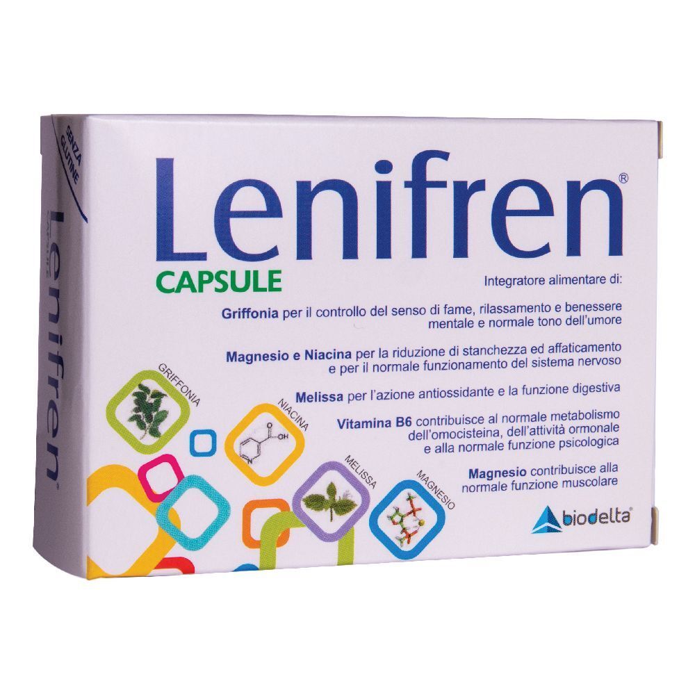 Scatola bianca con logo blu "Lenifren Capsule". Grafica colorata e testo in italiano. Marchio Biodelta.