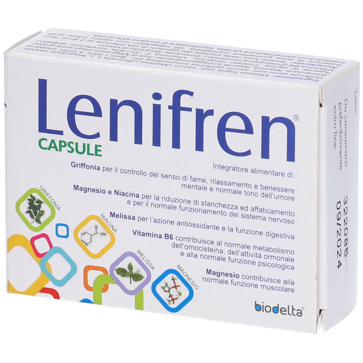 Scatola bianca con logo blu "Lenifren Capsule". Testo in italiano. Marchio Biodelta. Scadenza 09/2024.