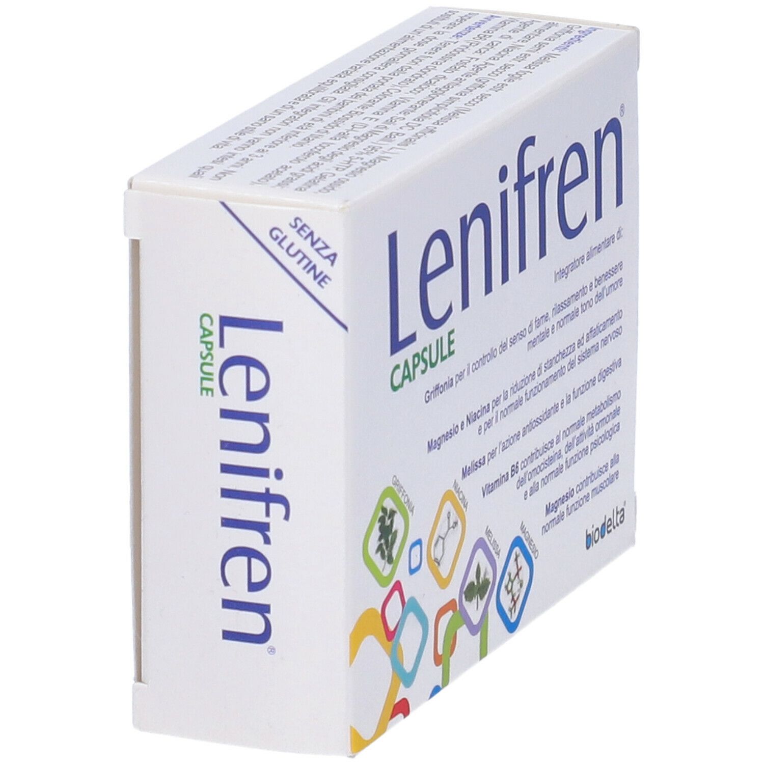 Scatola bianca con logo blu "Lenifren Capsule". Testo in italiano. Marchio Biodelta. Simbolo senza glutine.