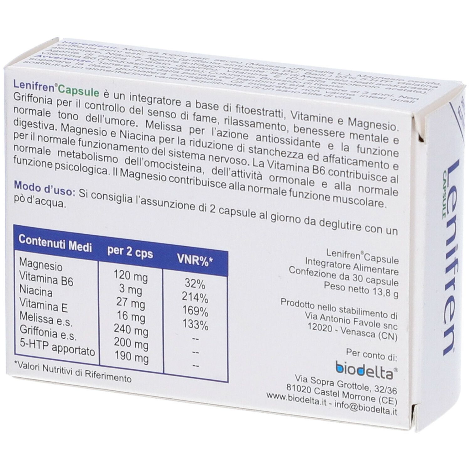 Scatola bianca con logo blu "Lenifren Capsule". Testo in italiano. Tabella nutrizionale. Marchio Biodelta.