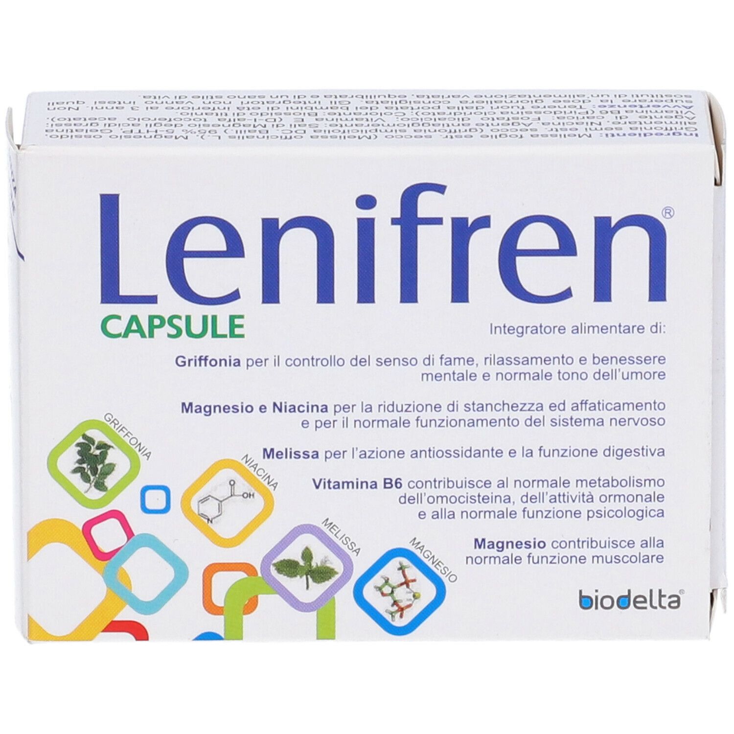 Scatola bianca con logo blu "Lenifren Capsule". Grafica colorata e testo in italiano. Marchio Biodelta.
