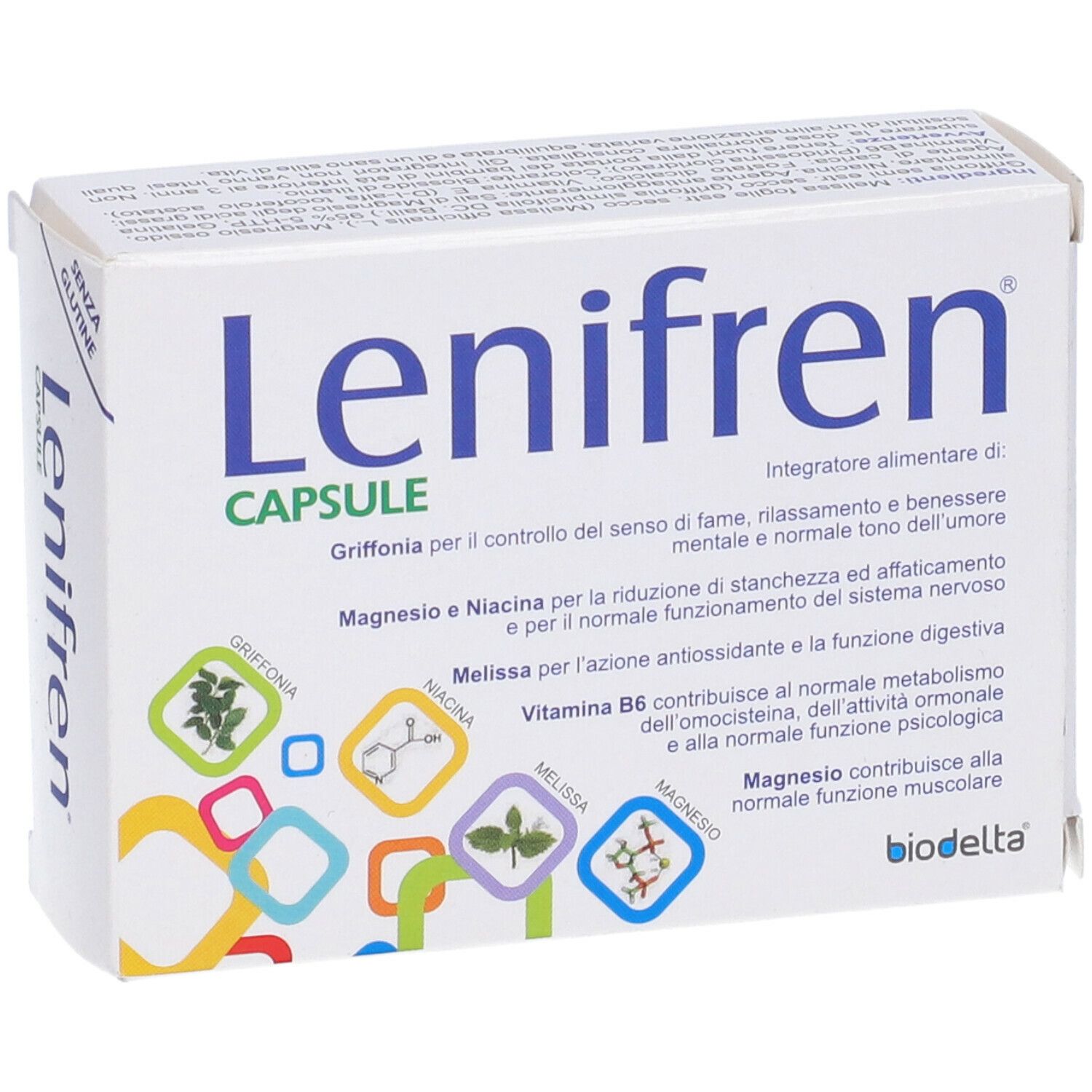 Scatola bianca con logo blu "Lenifren Capsule". Testo in italiano. Simbolo senza glutine. Marchio Biodelta.