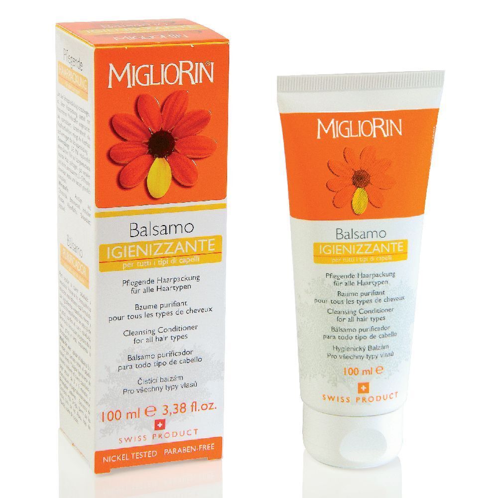 Tubo arancione con tappo bianco e scatola. Scritta: Migliorin Balsamo Igienizzante. Swiss Product. Design floreale.