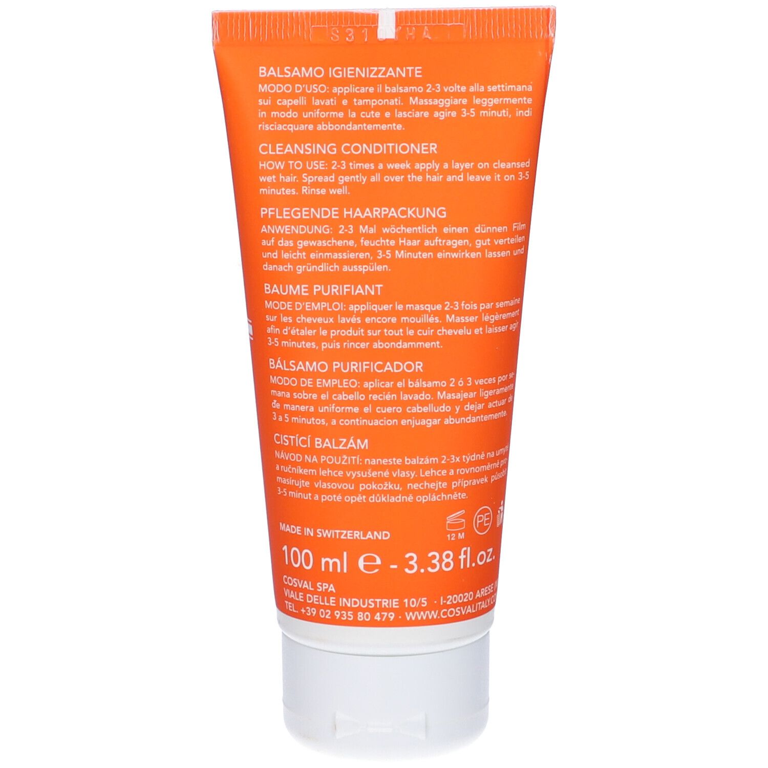 Retro del tubo. Scritta: Balsamo Igienizzante. Cleansing Conditioner. Istruzioni in più lingue.