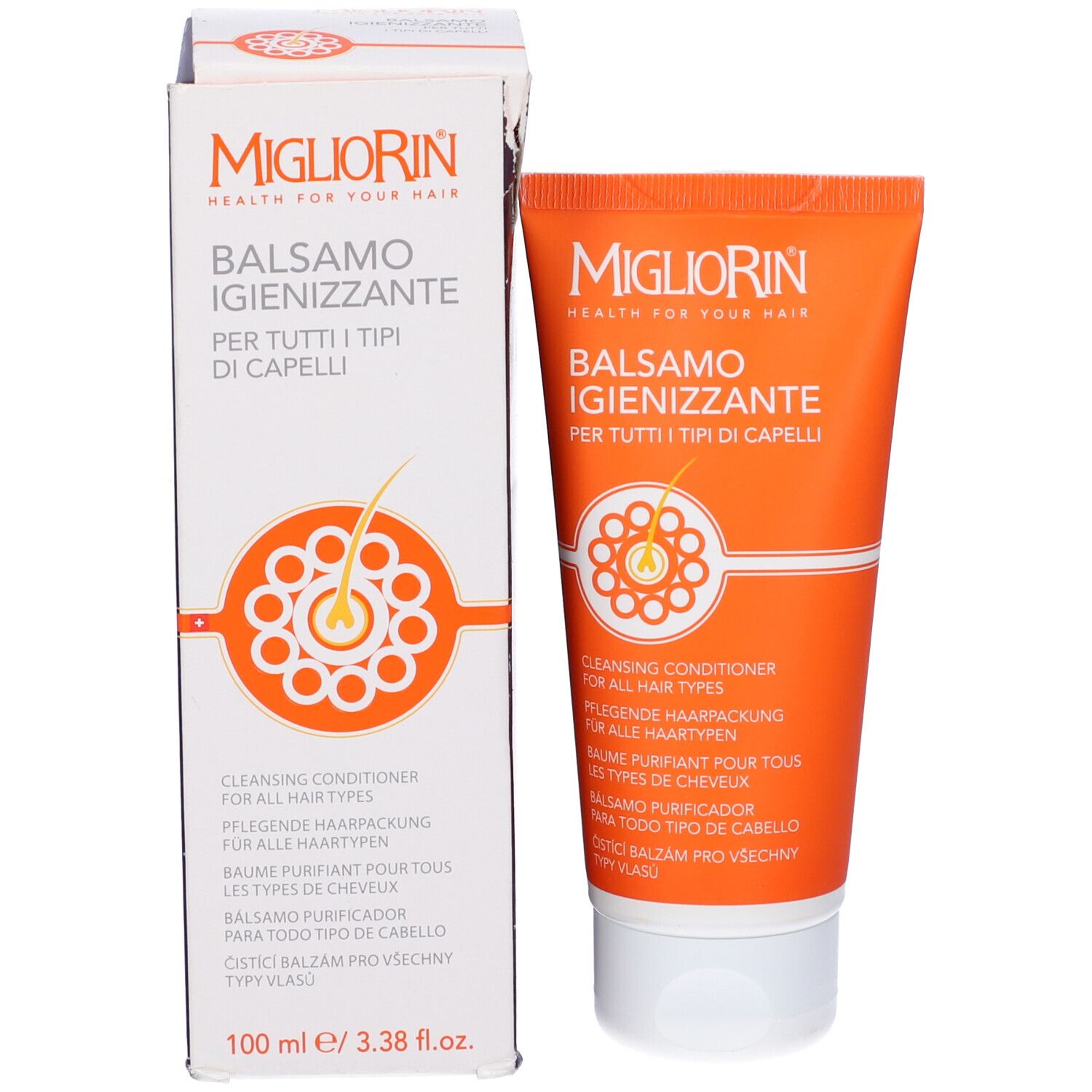 Prodotto e confezione. Tubo e scatola arancioni. Scritta: Migliorin Balsamo Igienizzante. Cleansing Conditioner.