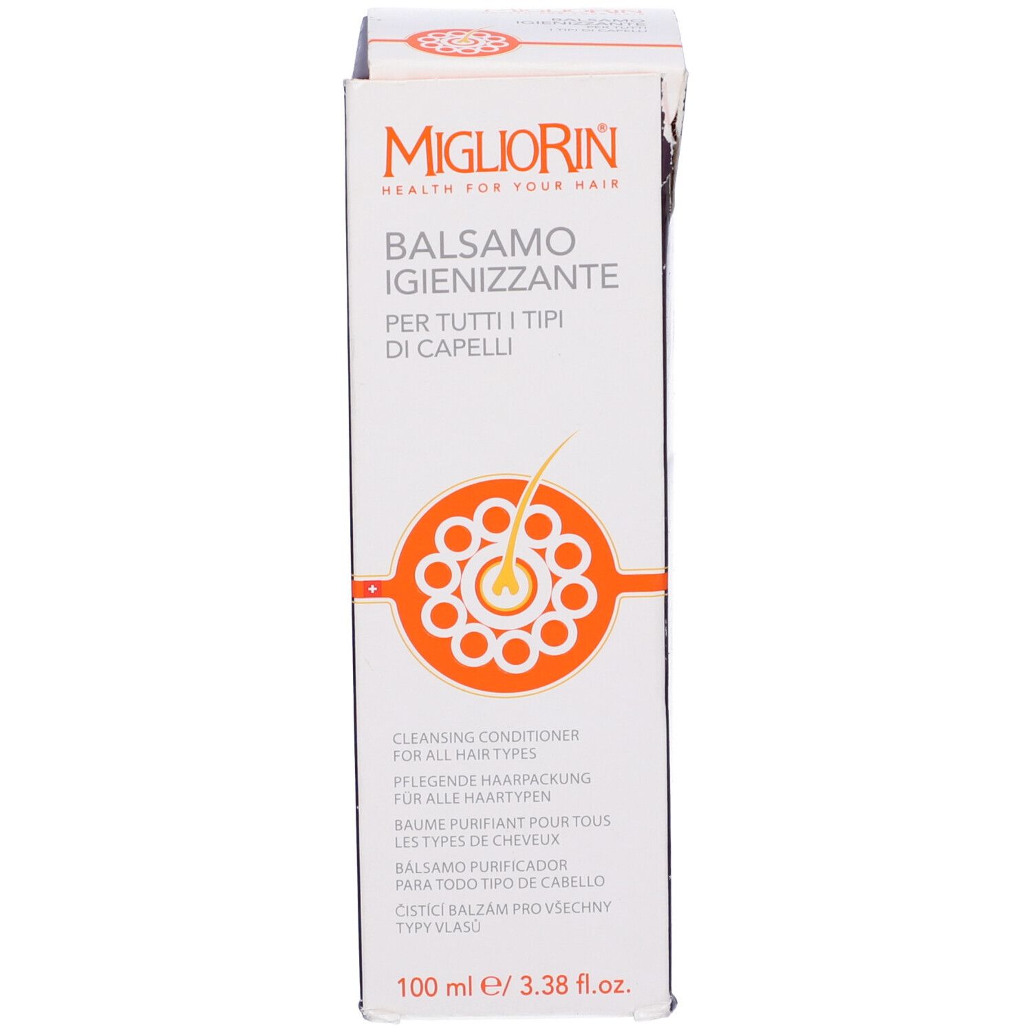 Scatola. Scritta: Migliorin Balsamo Igienizzante. Cleansing Conditioner. Per tutti i tipi di capelli. 100 ml.