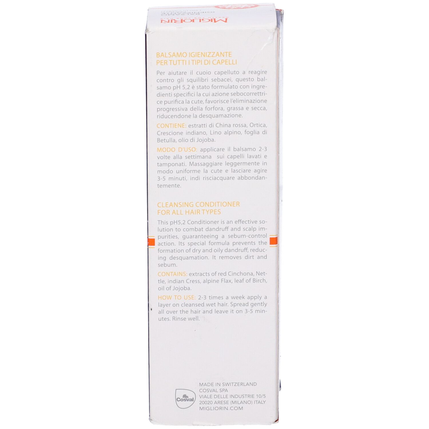 Scatola. Scritta: Migliorin Balsamo Igienizzante. Cleansing Conditioner. Istruzioni in inglese.