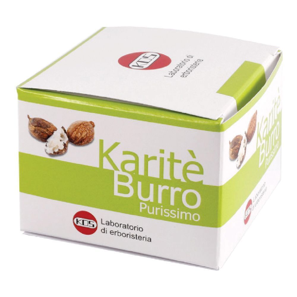 Boîte en carton avec texte Karité Burro Purissimo. Logo KOS. Illustration de noix de karité.