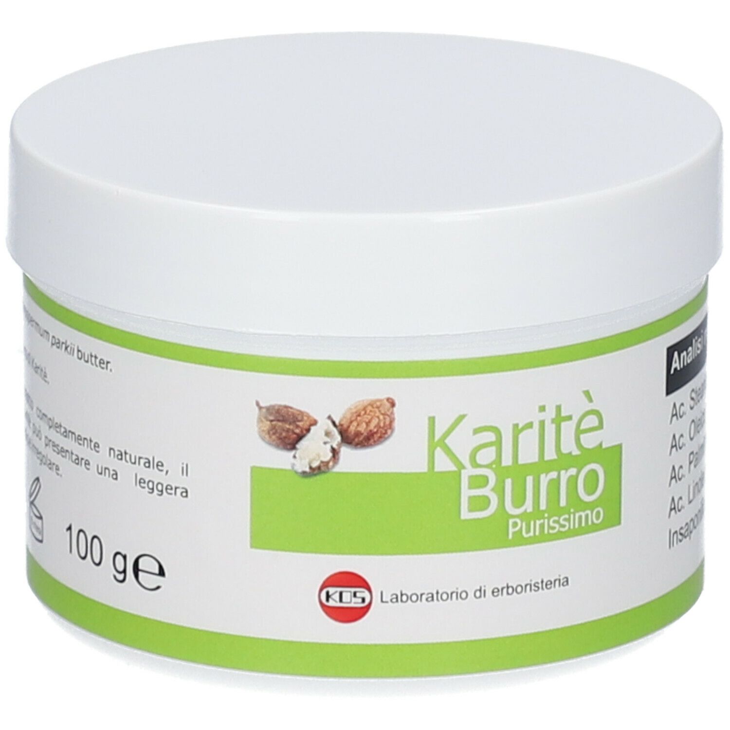 Pot blanc avec texte Karité Burro Purissimo. Logo KOS. Illustration de noix de karité. Tableau d'analyse.