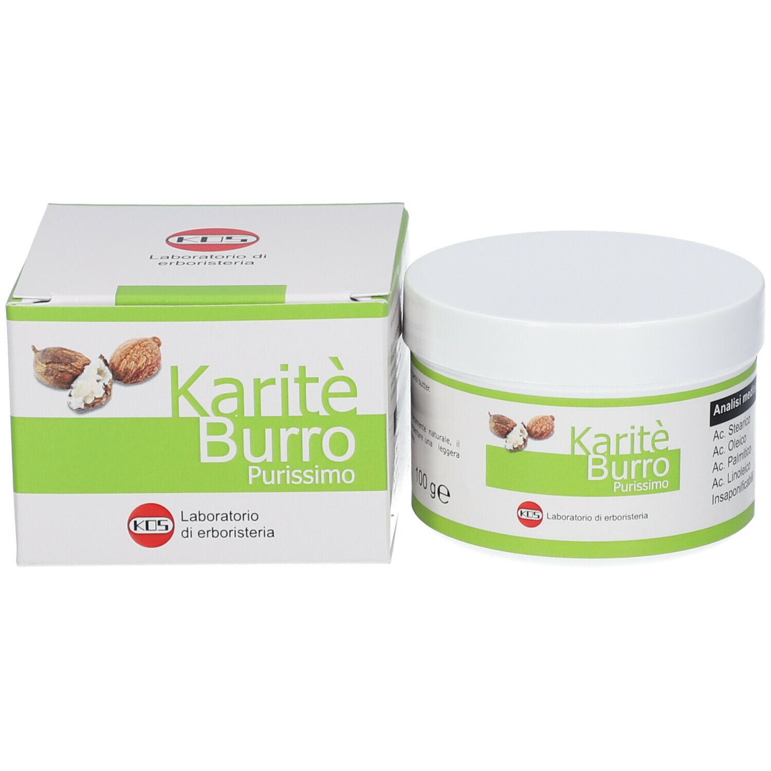 Boîte et pot. Texte Karité Burro Purissimo. Logo KOS. Illustration de noix de karité. Tableau d'analyse.