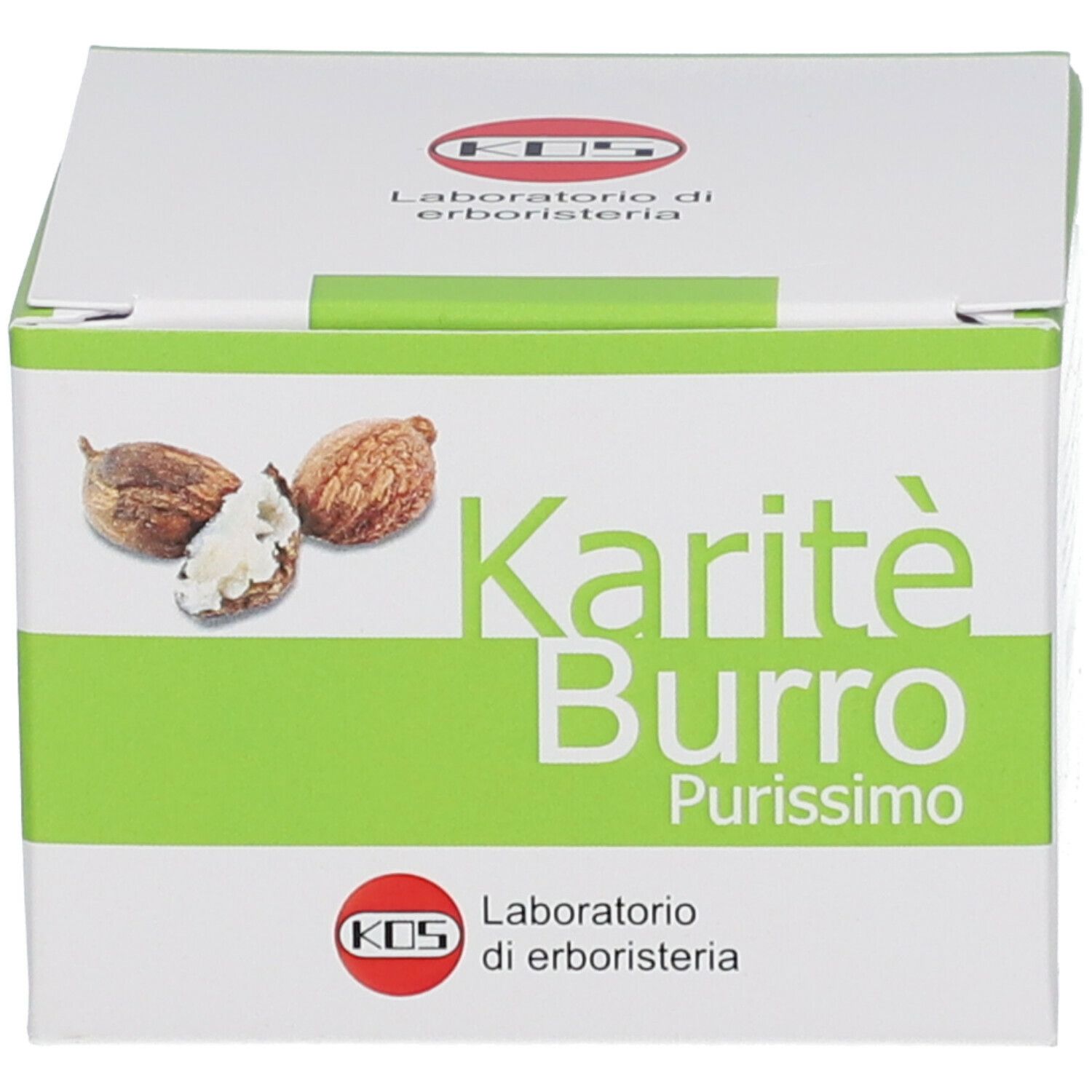 Boîte en carton avec texte Karité Burro Purissimo. Logo KOS. Illustration de noix de karité.