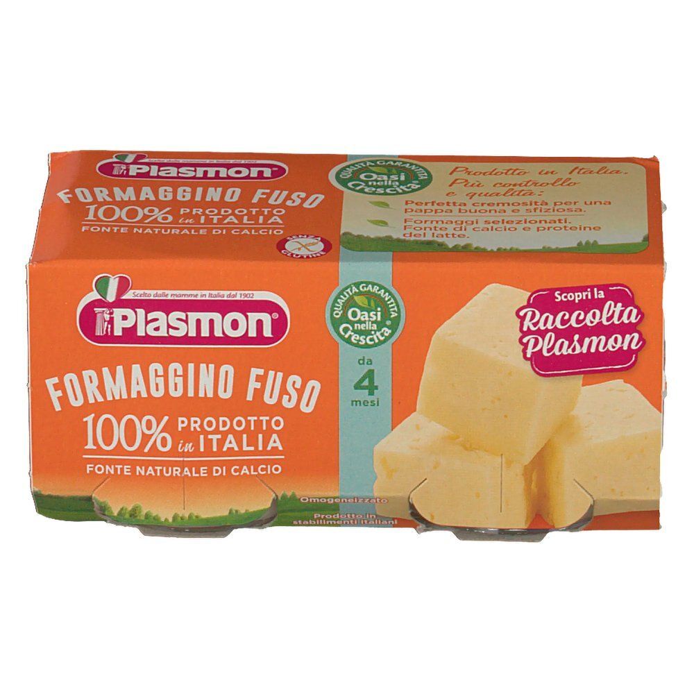 Verpackung mit Plasmon Formaggino Fuso. Ein Glas und Käsewürfel. Orangefarbene Verpackung mit Produktinformationen.