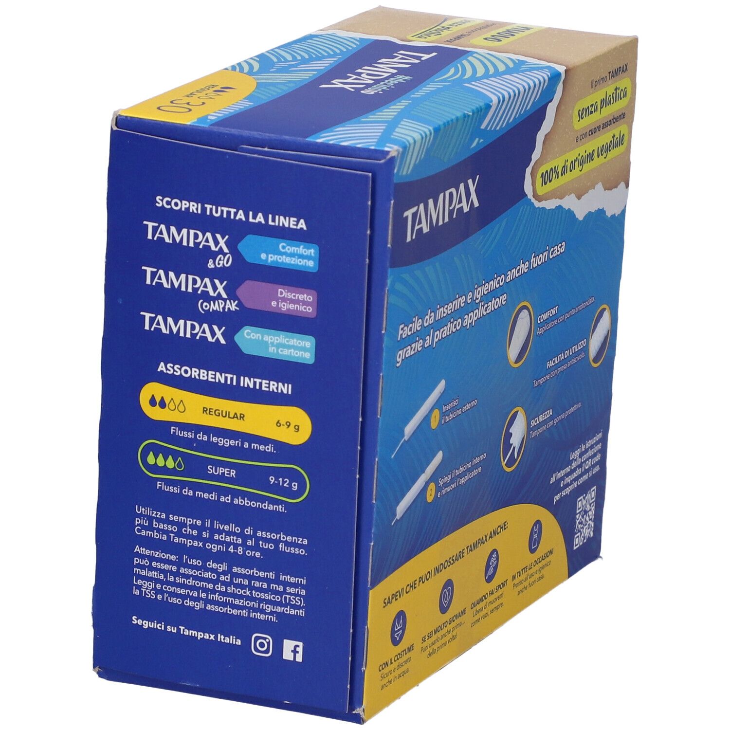 Kartonverpackung mit Produktinformationen. Text: Tampax, Regular, Super. Informationen zu Saugfähigkeit und Anwendung.